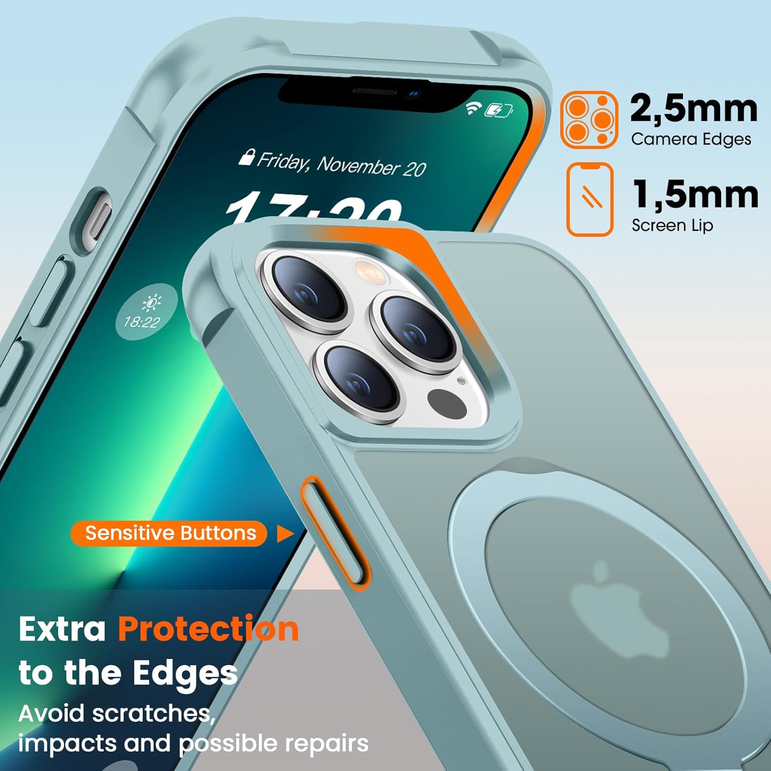 Magnetic Ring Stand Case for iPhone 13 Pro - 120° rotatable Stand, N52 Magnet, Non-Slip, Matt Transparent Back, Easy to Clean, Shockproof, Military Standard Drop Protection (Lake Blue)