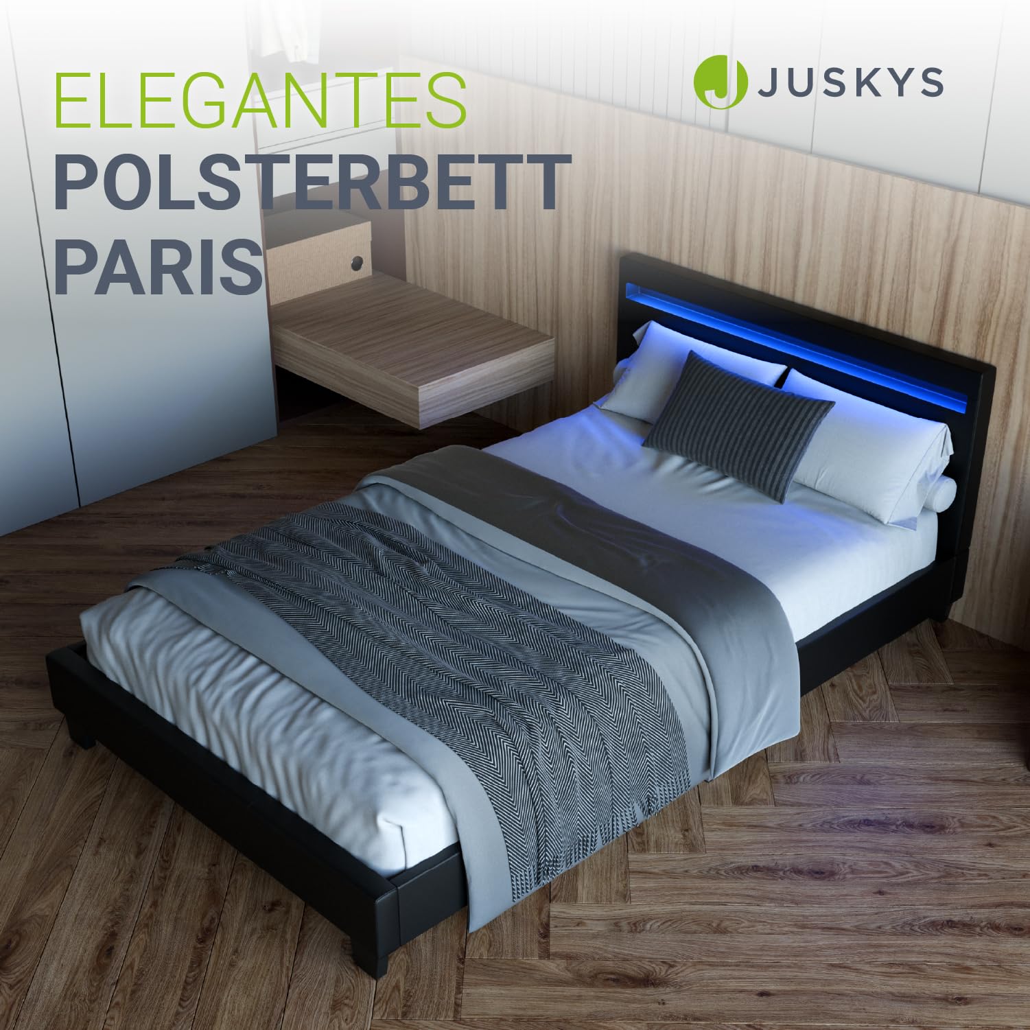 Juskys Polsterbett Paris 120x200 cm - Bett komplett mit LED-Beleuchtung, Matratze und Lattenrost - Kunstleder Bezug - schwarz - Jugendbett