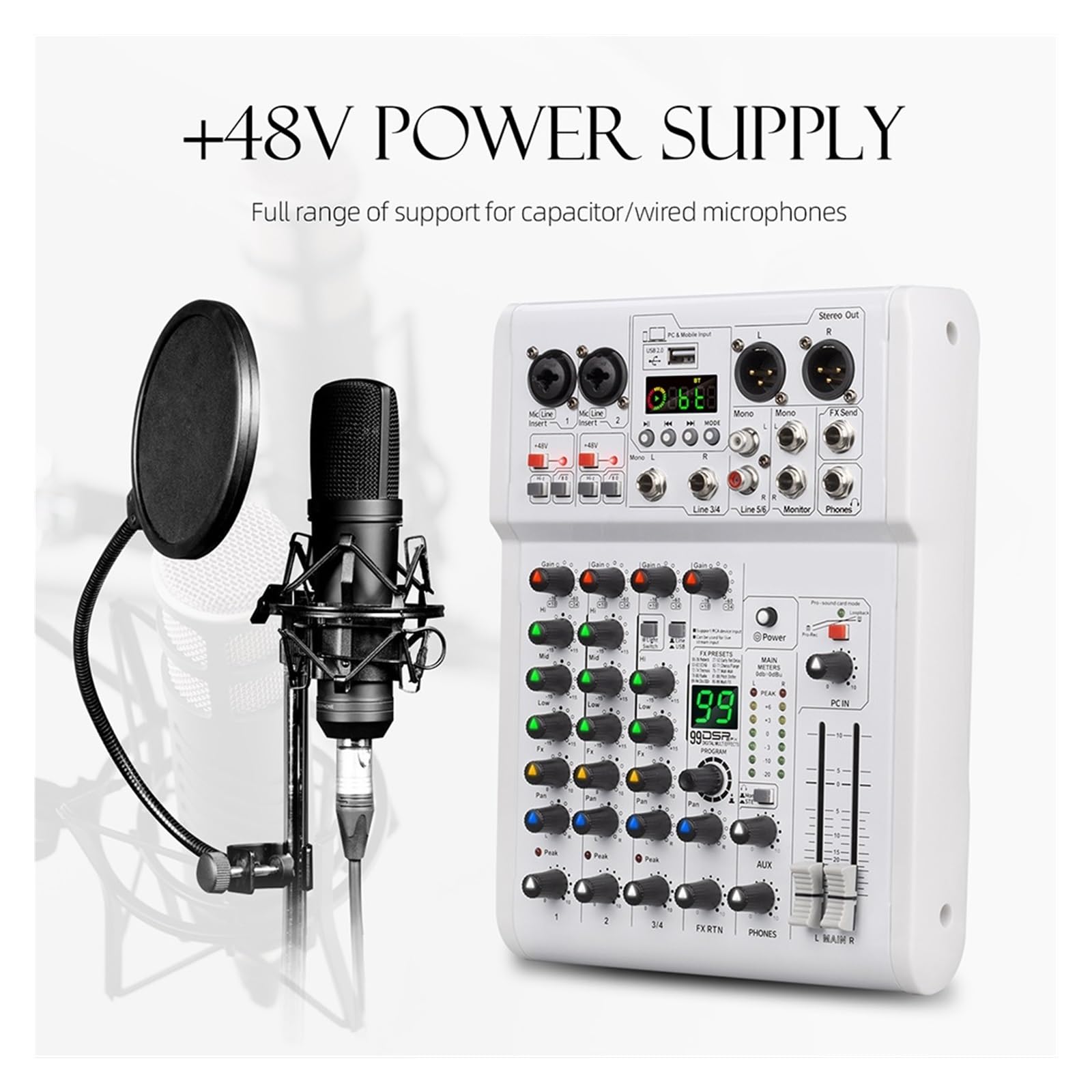 Mixer mit Konsole, 99 DSP-Effekte, tragbares Mischpult for Live-Auftritte, Aufnahmestudio,Außergewöhnliche Klangklarheit