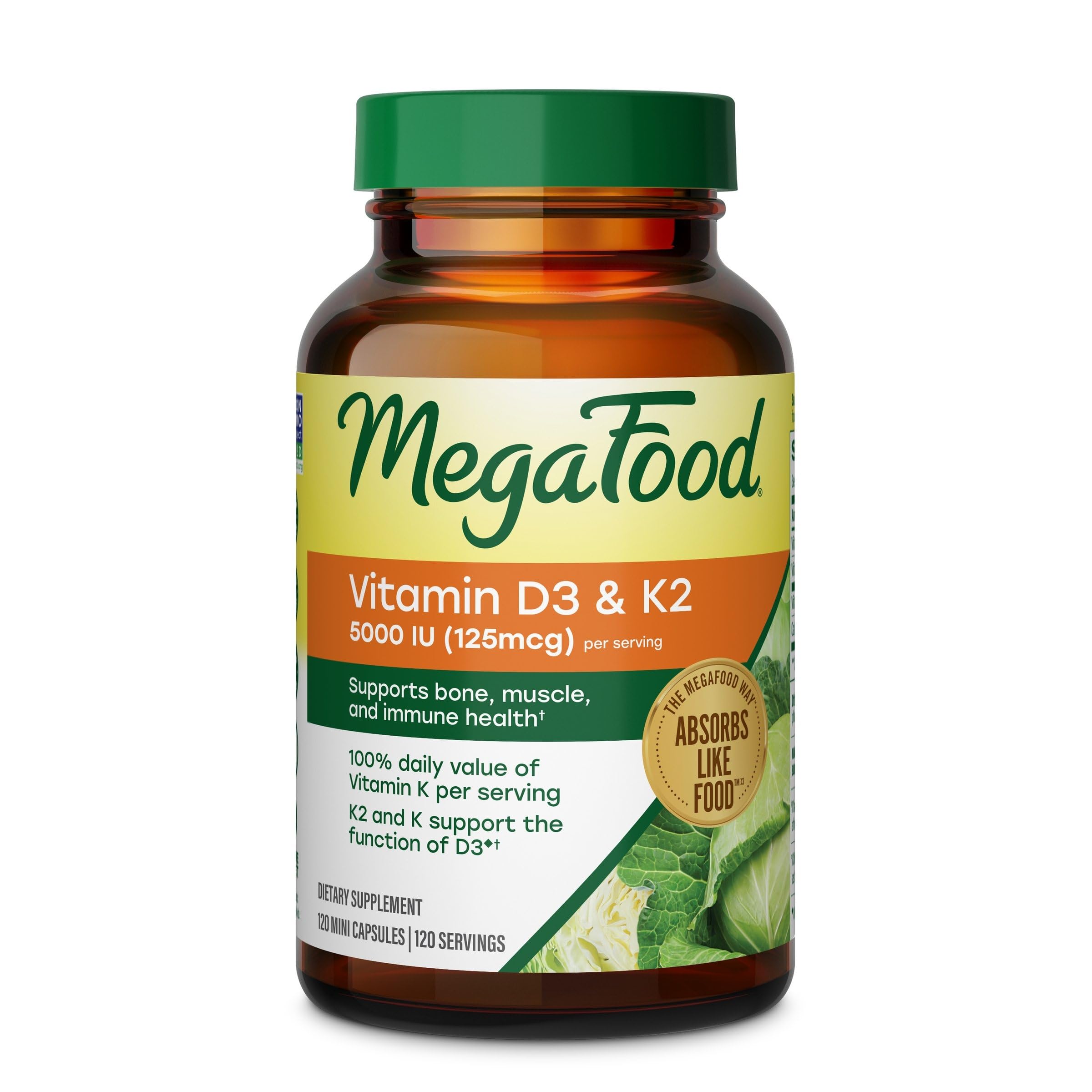 MegaFood Vitamin D3 & K2 5000 IU (125 mcg), 120 Mini Capsules 120 Count (Pack of 1)