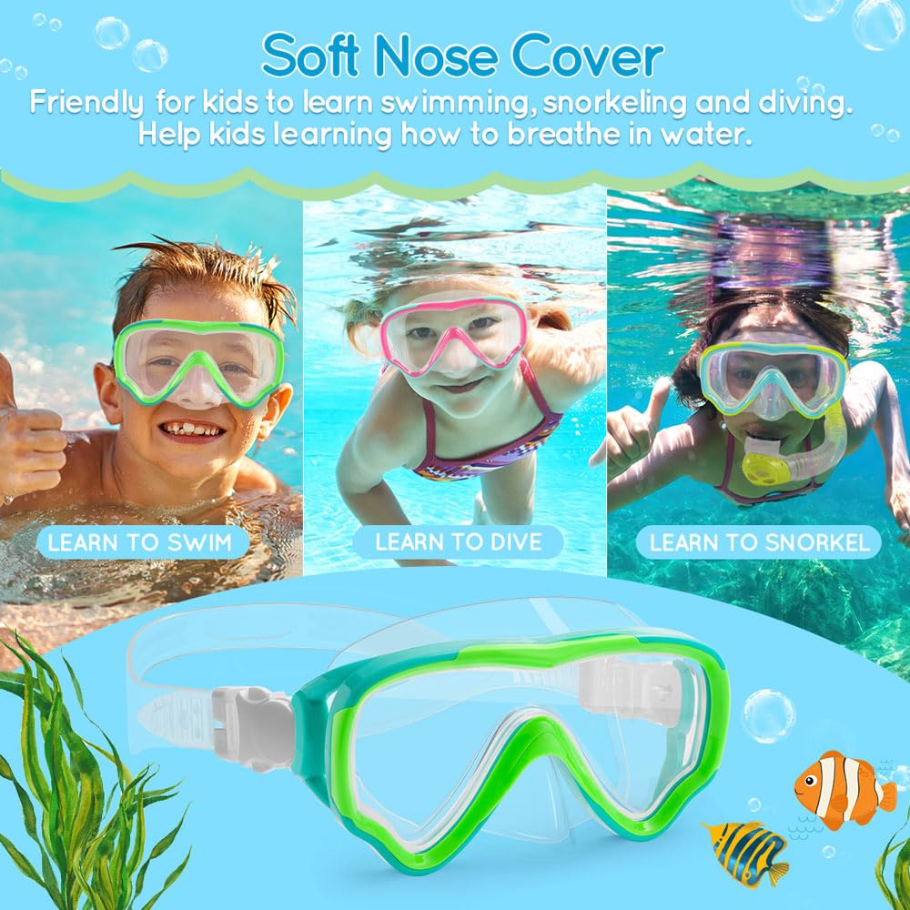 Maschera subacquea per bambini, anti-appannamento e anti-perdite, occhialini da nuoto e snorkeling, in vetro temperato resistente, per bambini dai 4 ai 14 anni