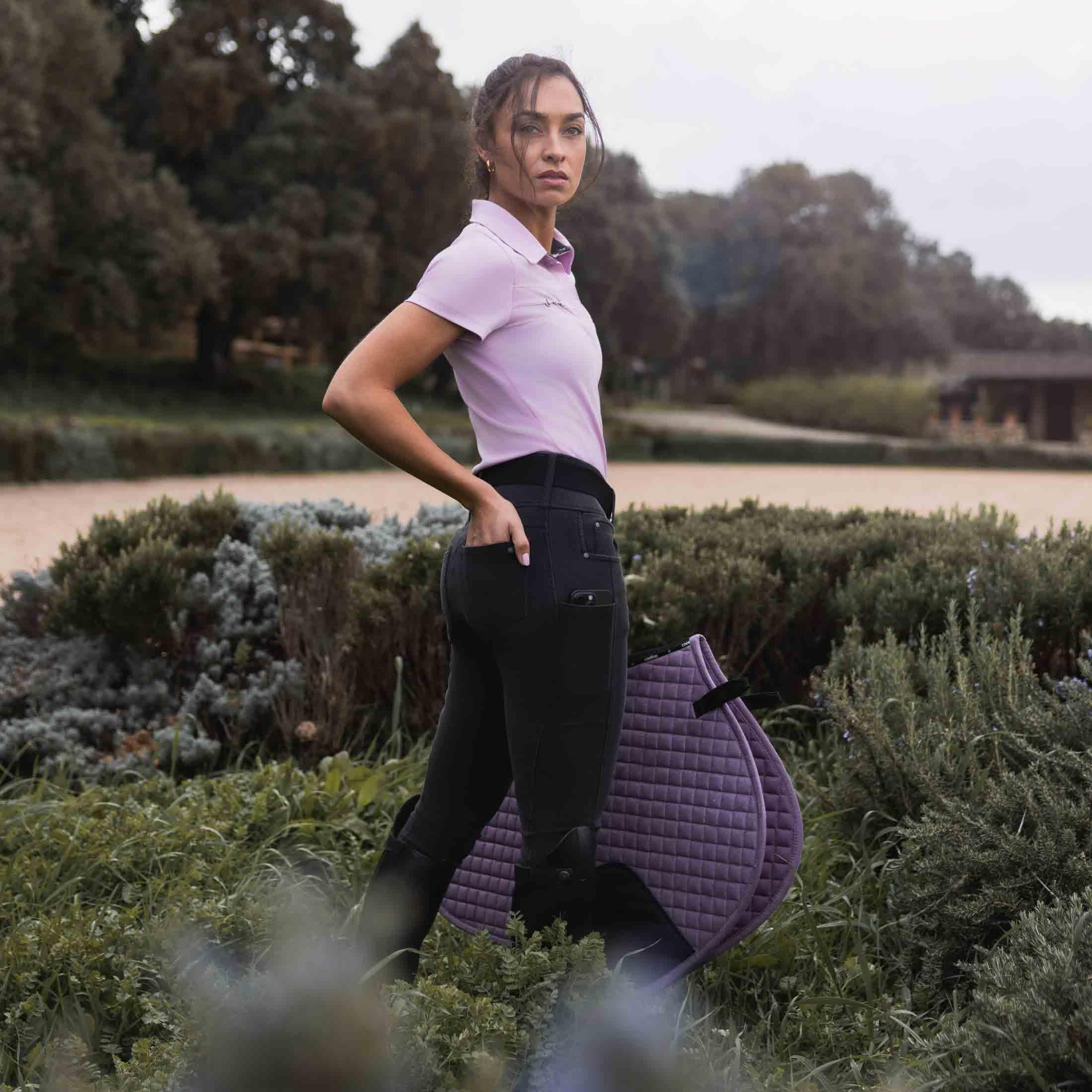 HORZE Carolyn Damen Denim Vollbesatzreithose – 4-Wege-Stretch, Handytasche, Hybrid-Grip & Gürtelschlaufen, Schwarz, 38