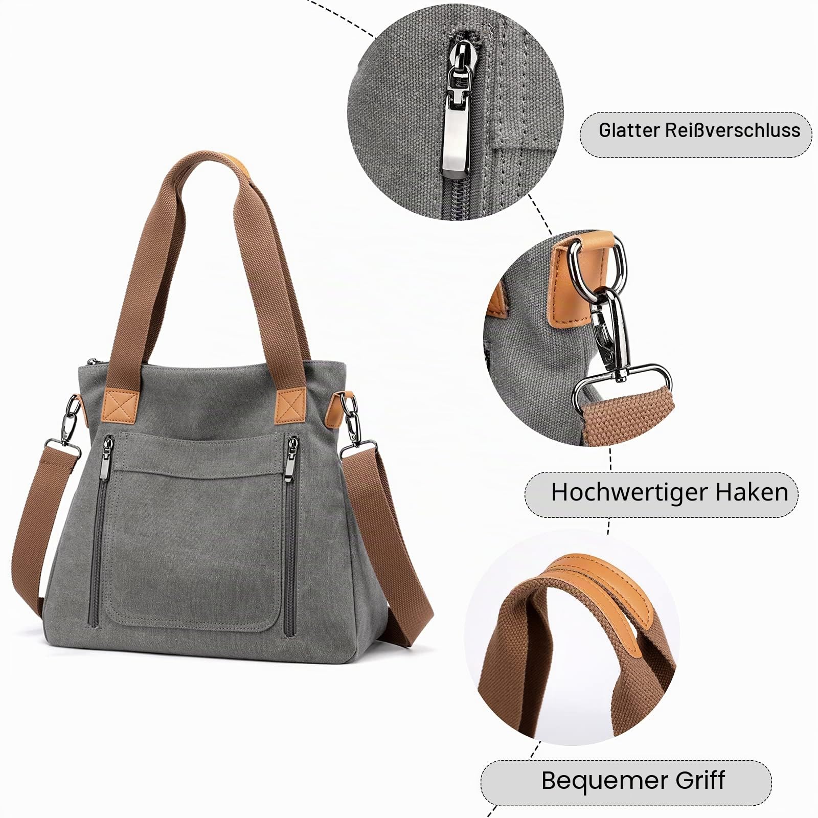 FANDARE Retro Handtaschen Leinwand Schultertasche Damen Umhängetasche Frauen Arbeitstasche für 12.9 Zoll Tablet Shopper Reisen Crossbody Messenger Bag Grau
