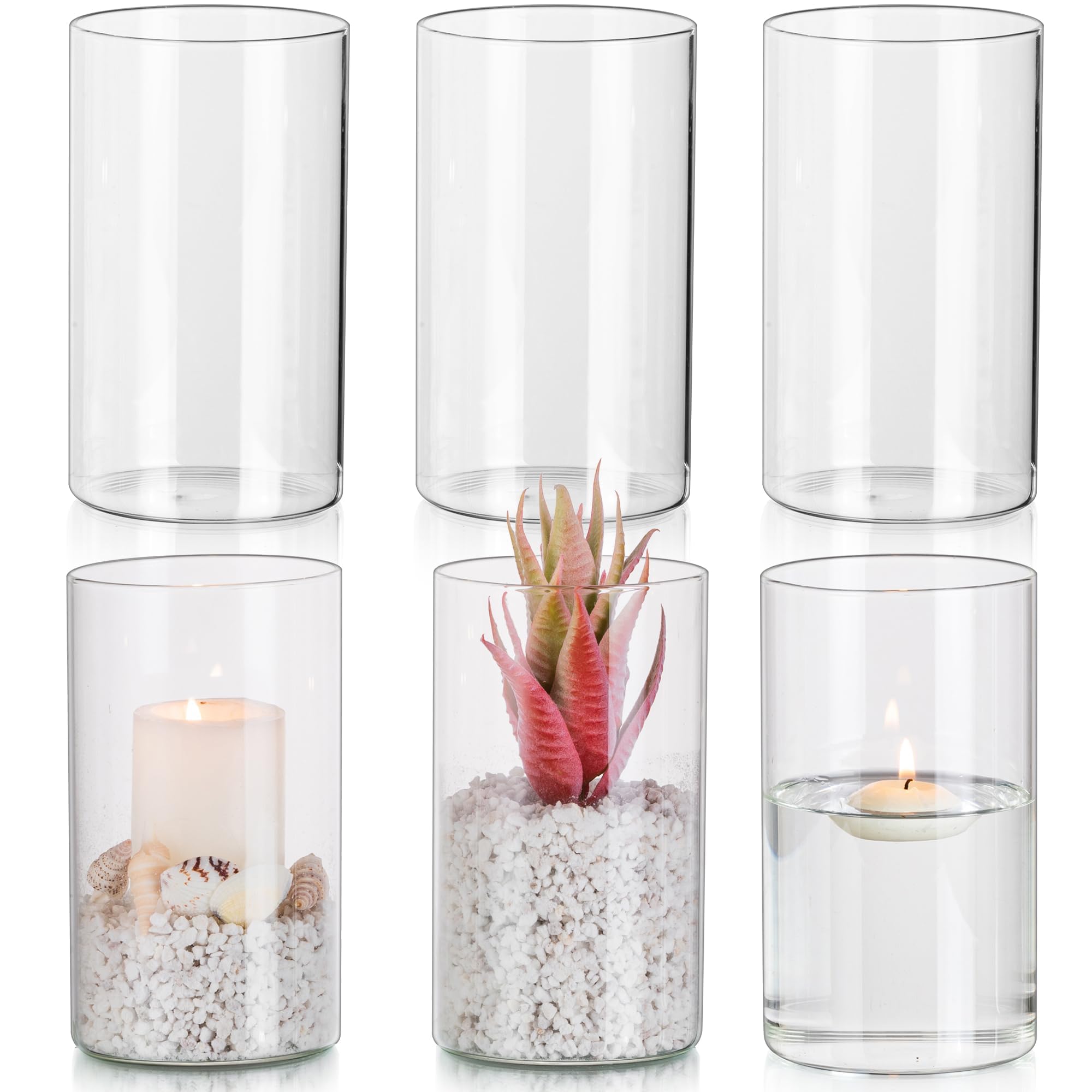 Glasseam Glaszylinder für Kerzen Windlicht Glas: 6er Set Kerzengläser Windlichter für Tischdeko Klar Kerzenglas Kerzenhalter Stumpenkerzen Vasen für Hochzeit Wohnzimmer Dekoration