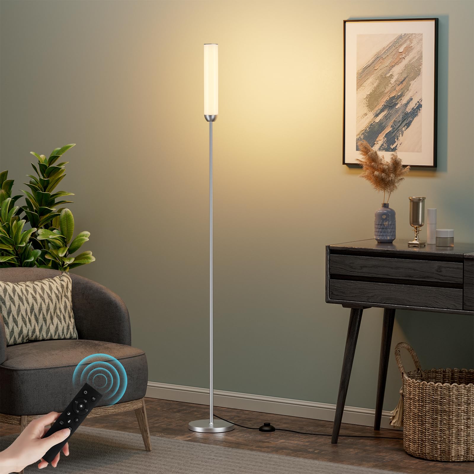 Lampadaire sur Pied Salon, lampadaire LED Dimmable, 5 Températures de Couleur avec Télécommande et Pédale de Commande, LED Lampe sur Pied Moderne Argent pour Chambre, Étudier, Bureau