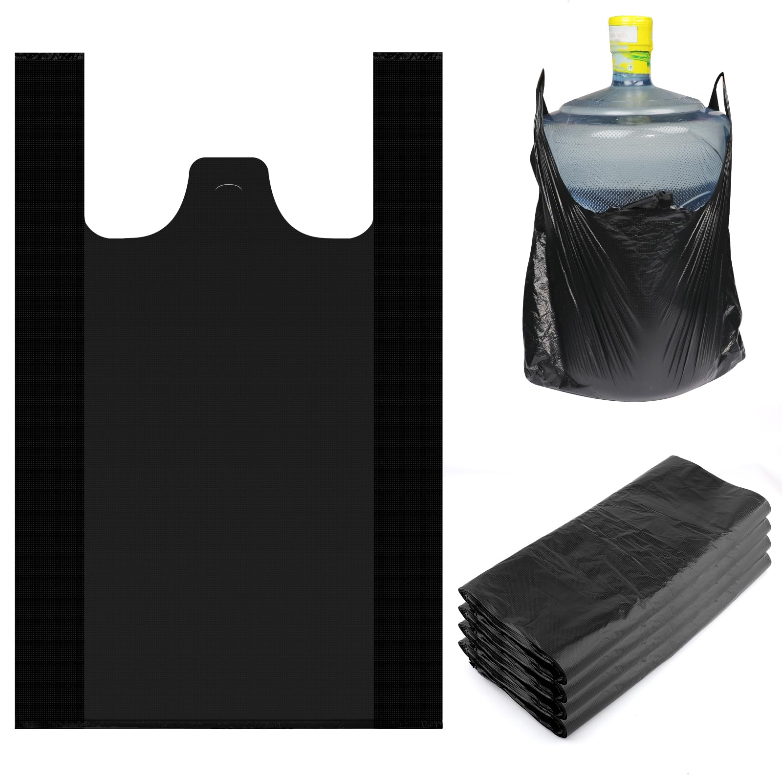 100 Pcs Black Plastic Carrier Bags with Vest Handle Design 20 x 12 Inch (52 x 32 cm), Plastic T Shirt Bags with Handles, Heavy Duty Grocery Bags for Shopping, Retail, Grocery Stores & Restaurants