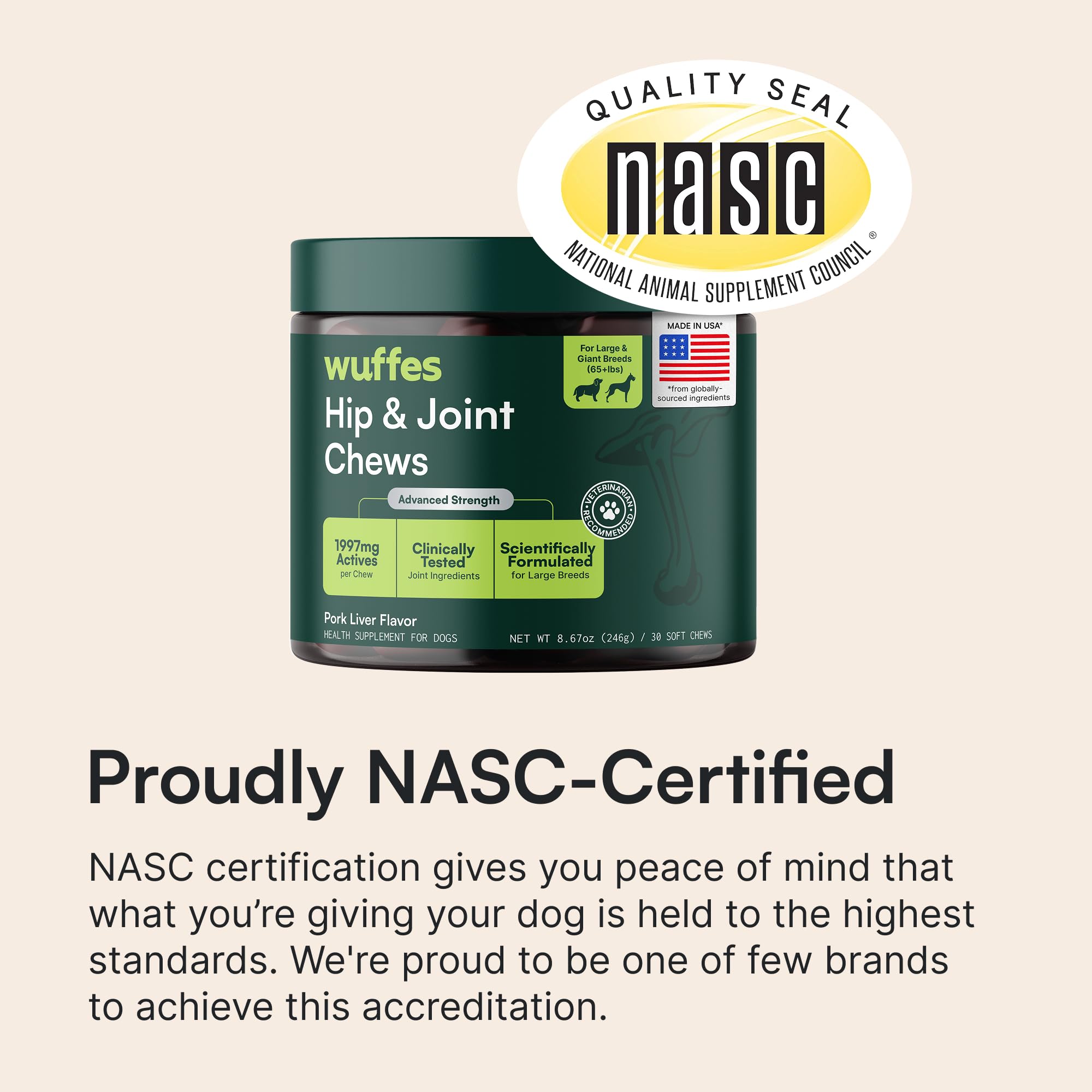 Wuffes Advanced Dog Hip and Joint Supplement with Glucosamine, Chondroitin, Omega 3, MSM, and Green Lipped Mussel, 30 Pork Flavored Chews for Large Dog Breeds - 3