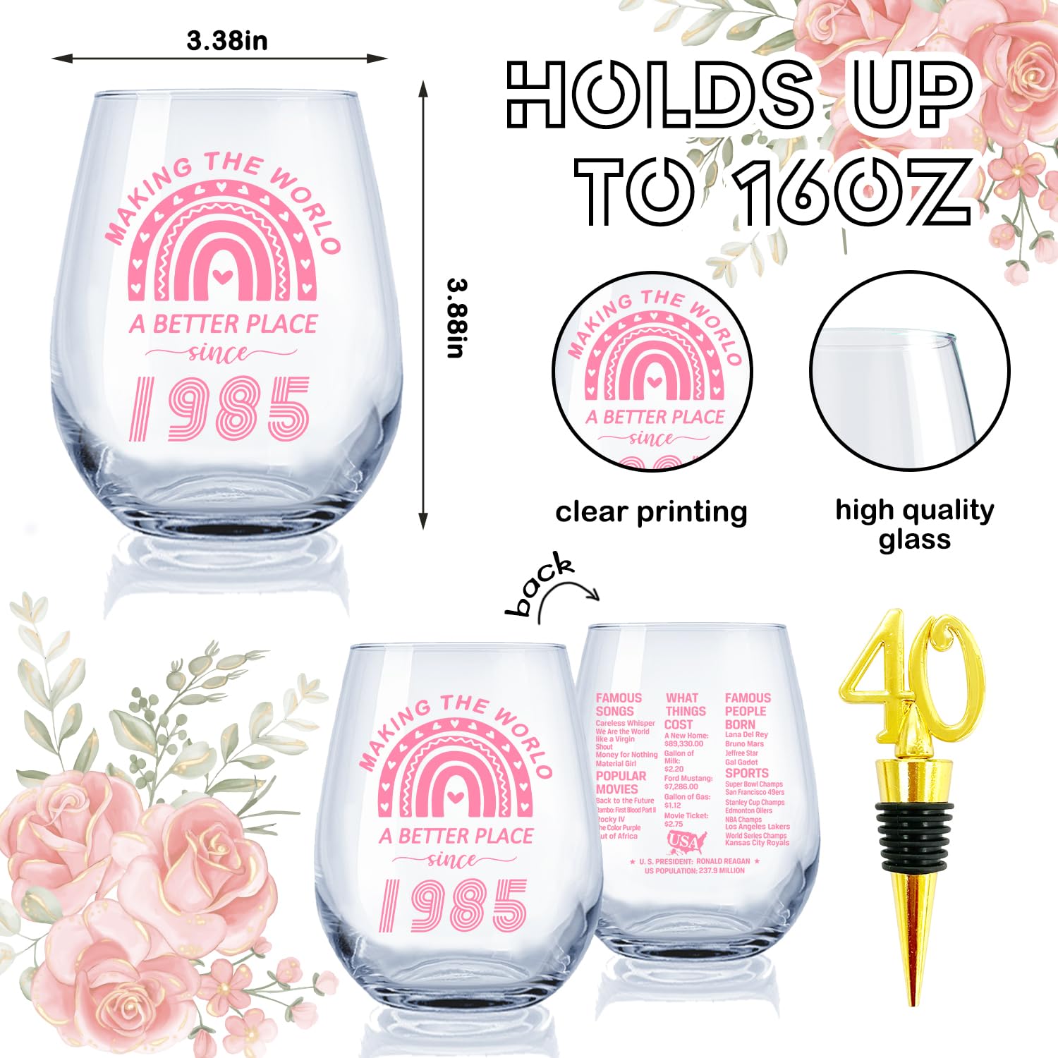 Weinglas Zum 40. Geburtstag Für Frauen – 425 Ml, Vintage-Design 1985, Perfektes Geschenk