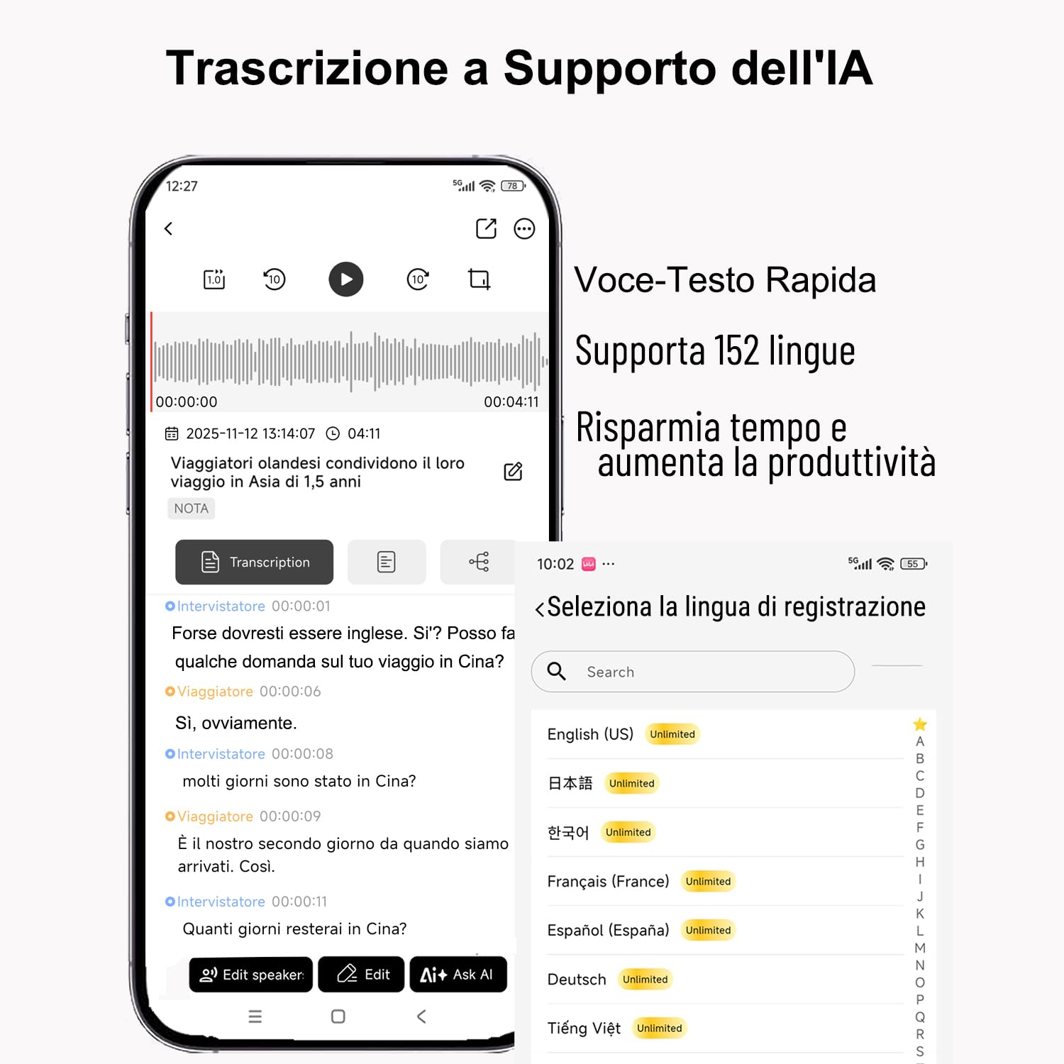 Registratore Vocale AI con Trascrizione, Mappa Mentale, Ultra Sottile Magnetico, Controllo APP, 152 Lingue, per Lezioni Riunioni Interviste