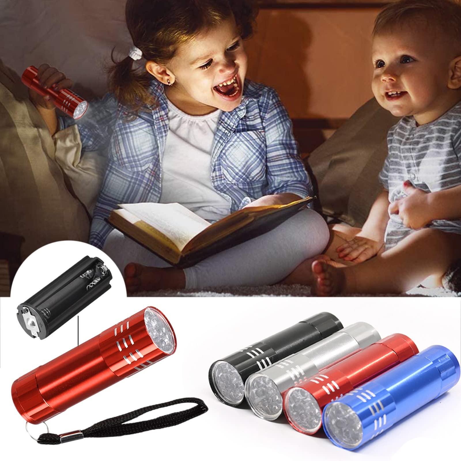 Mini lampe torche LED – Lot de 4 petites lampes de poche LED portables, super lumineuses, blanc phosphorescent dans le noir, lampes de poche pour enfants, adultes, camping, randonnée, fête en plein