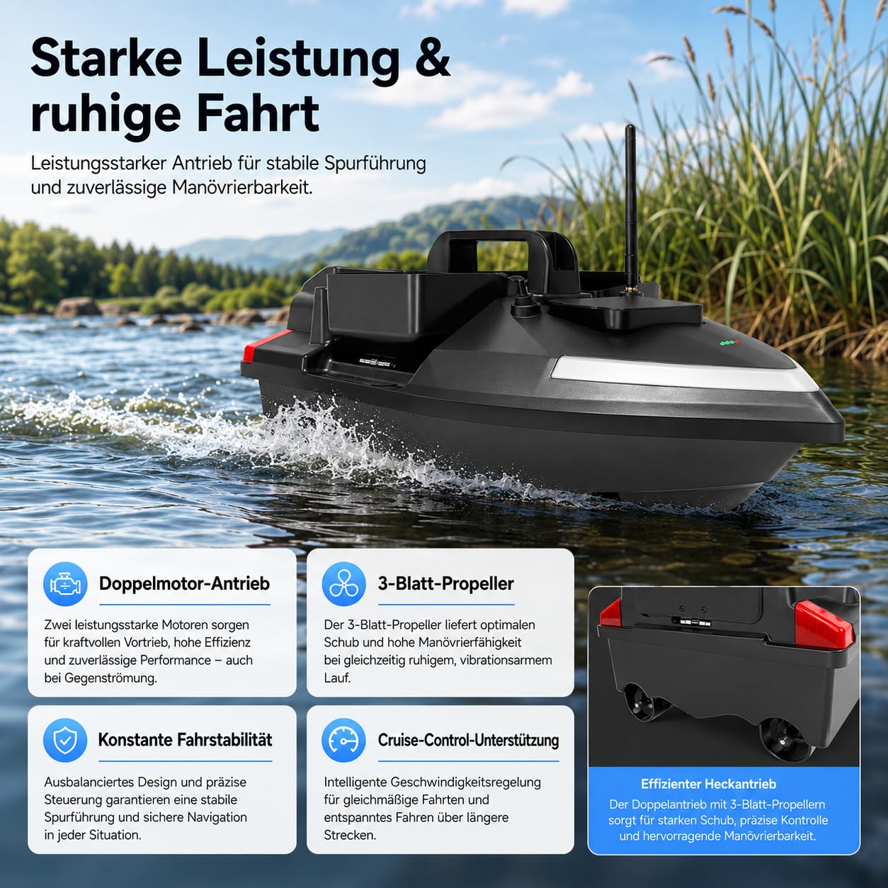 500M RC Köderboot ABS Angelköder Boot Fernbedienung Futterboot mit GPS 3 Köderboxen Fischköder Boot Angeln Futterboot mit Suchscheinwerfer & 12000mAh Batterie (Schwarz)