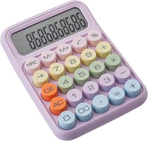 Calculadora colorida de color morado caramelo linda llave mecánica inspirada en la máquina de escribir, pantalla grande, botón redondo, estética