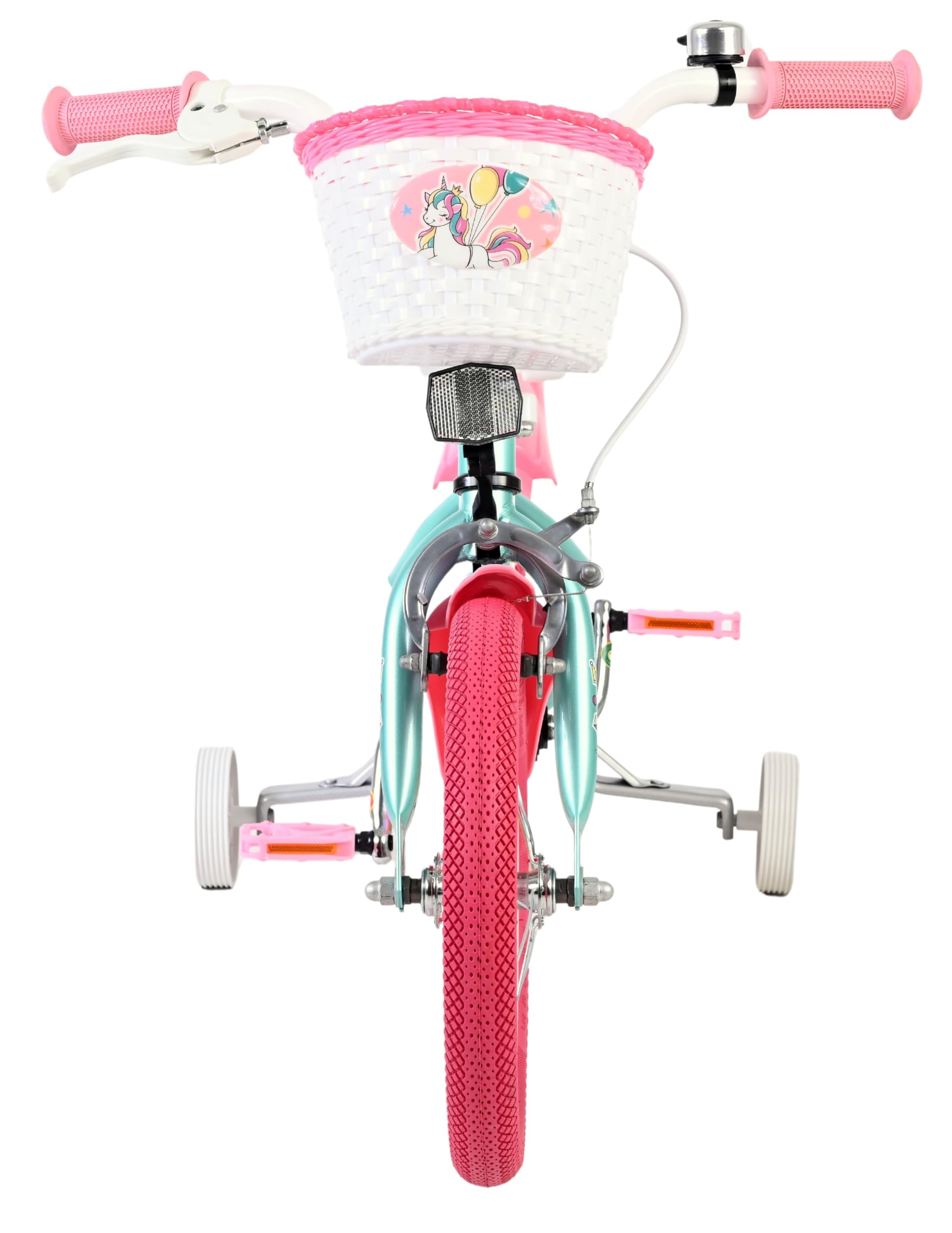 Volare Einhorn Kinderfahrrad Green | 3,5–5 Jahre | 14-Zoll-Räder | Hand- & Rücktrittbremse | Stützräder | Verstellbarer Sattel | Puppensitz Achter & Korb voor | Geschenk voor meisjes