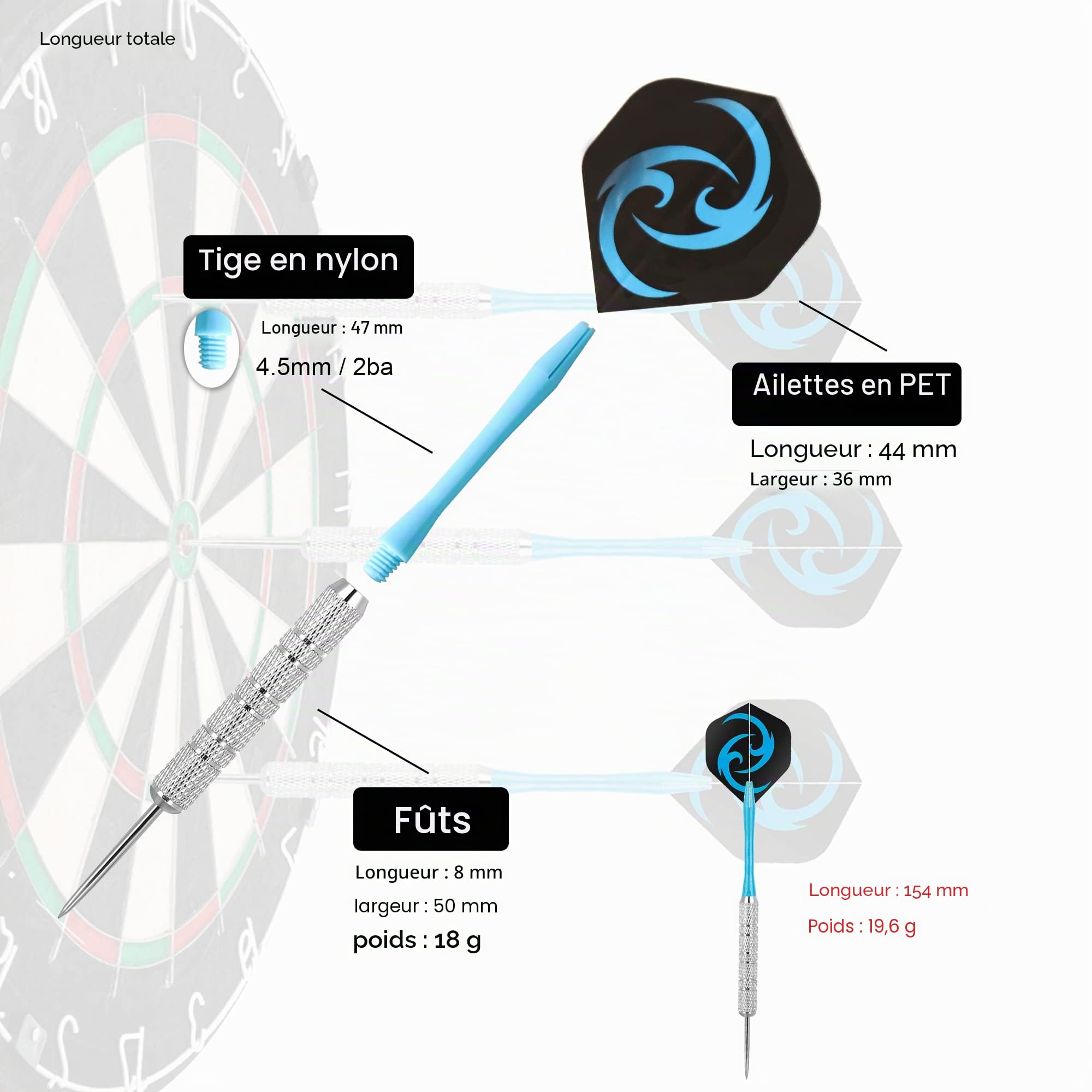 Fléchettes Professionnelles Pointe Acier Lot 12 Métal 18 g Tiges Ailettes Protection Vol Aiguiseur
