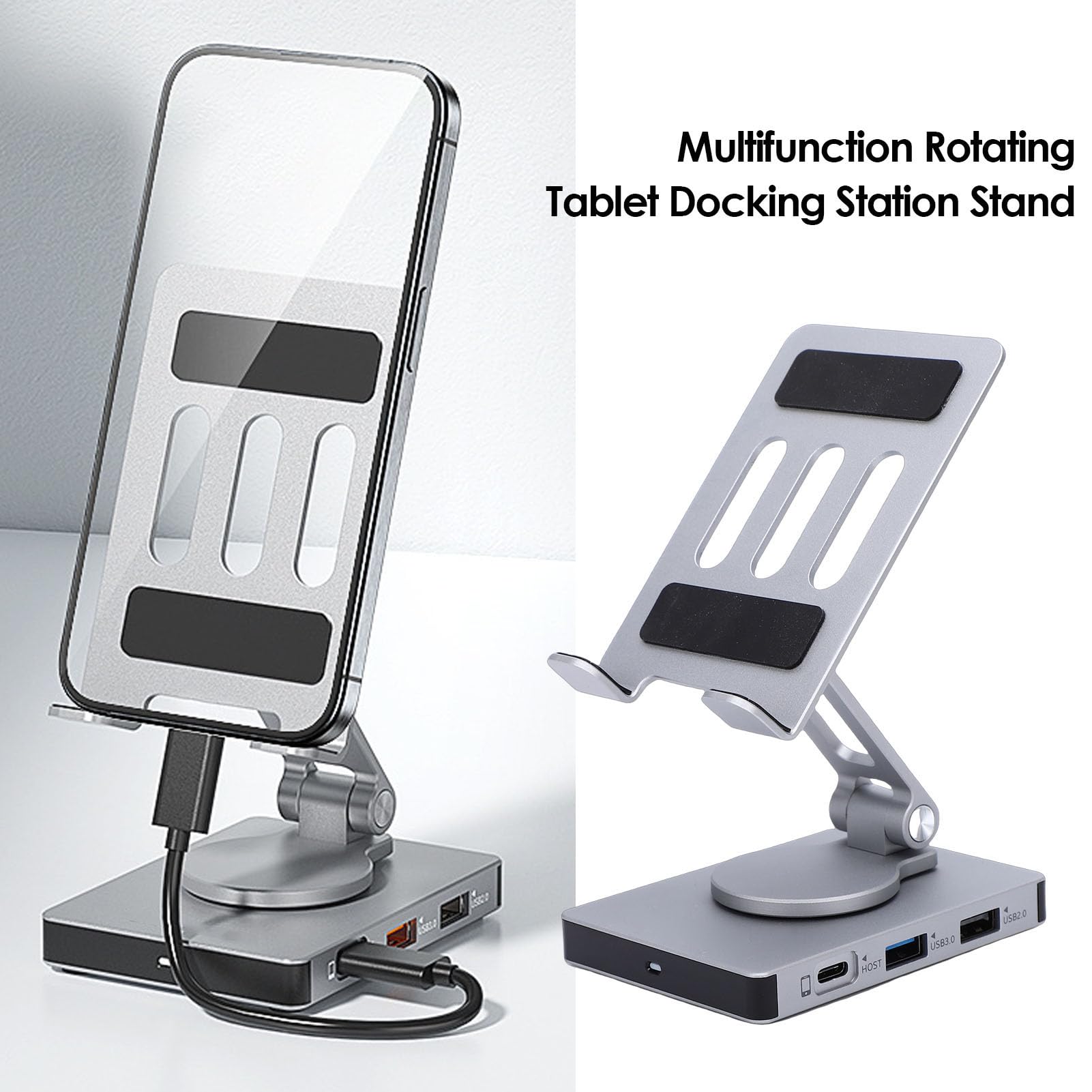 Tosuny Supporto per Tablet con Hub USB C 8 in 1, Supporto per Tablet in Alluminio con Docking Station, Base Girevole a 360°, HDMI 4K, Ricarica PD da 100 W, USB 3.0, RJ45, Audio da 3,5
