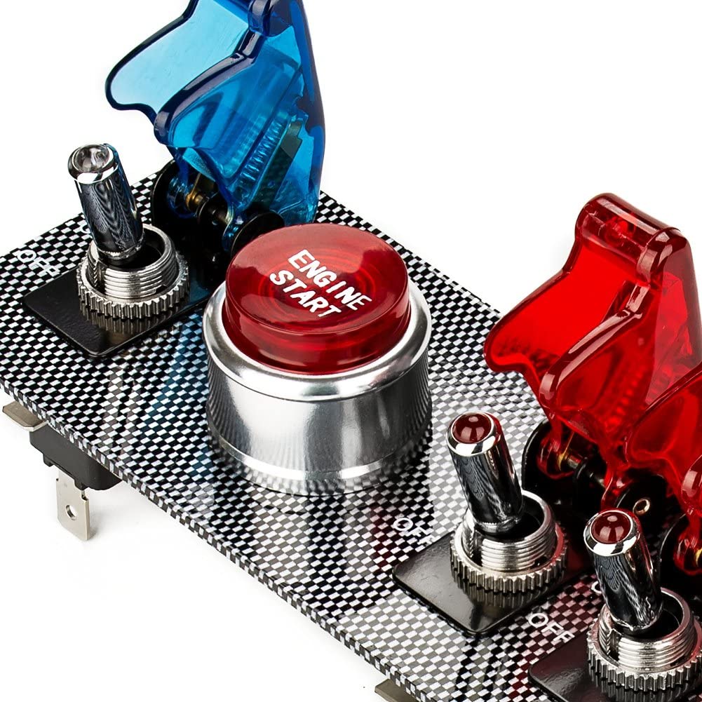Panel de interruptor de encendido Flip-Up DC12 V, 5 en 1, botón de arranque para motor de coche, botón de encendido LED para carreras, competición (4 azul 1 rojo) (4 rojo 1 azul)