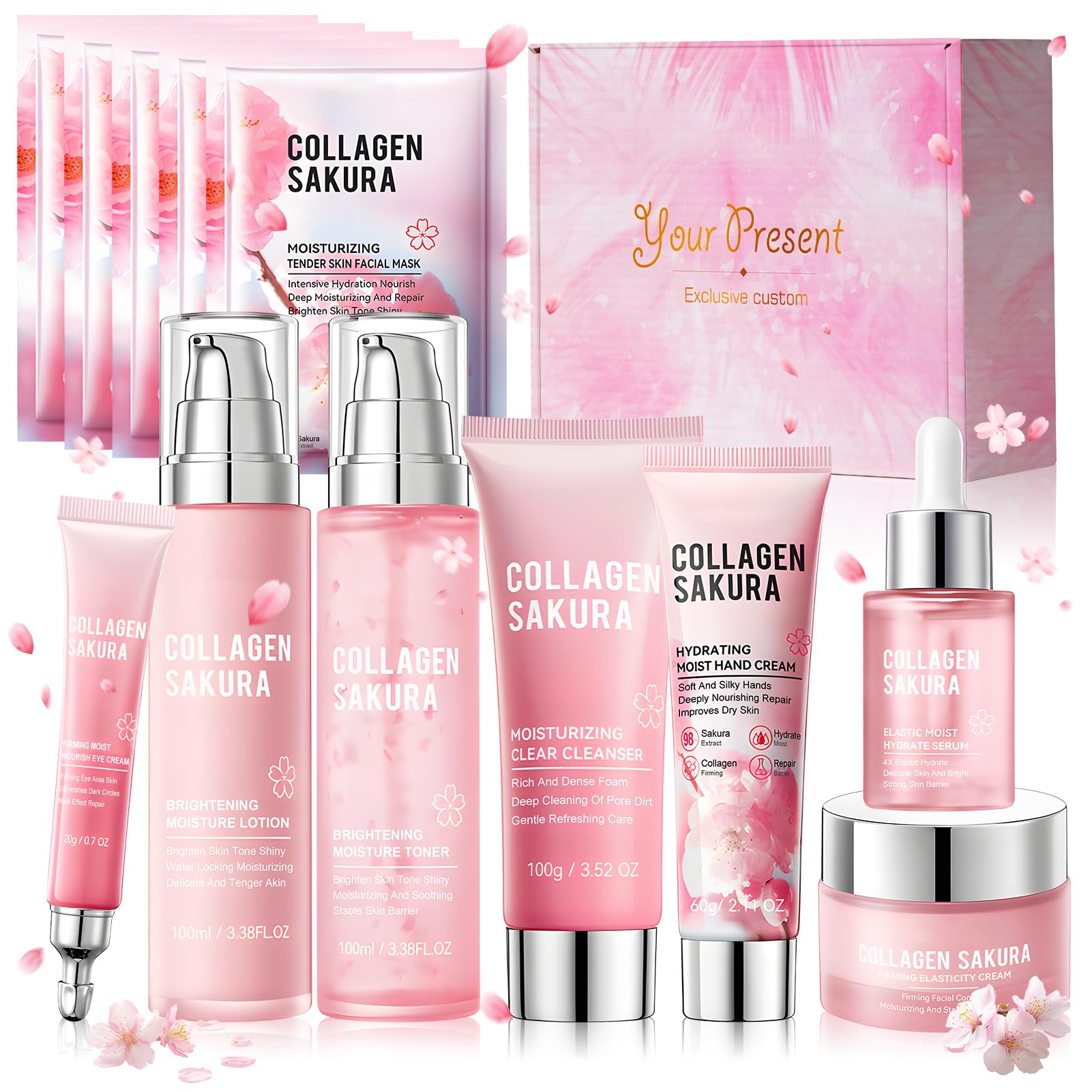 Sakura Coffrets de Soins pour la Peau, Coffret Skincare, Coffret Beauté Ado Fille, avec Crème pour Mains, Crème Visage, Lotion Tonique, Lait, Nettoyant, Masque Visage, Contour des Yeux, Sérum, 12Pcs