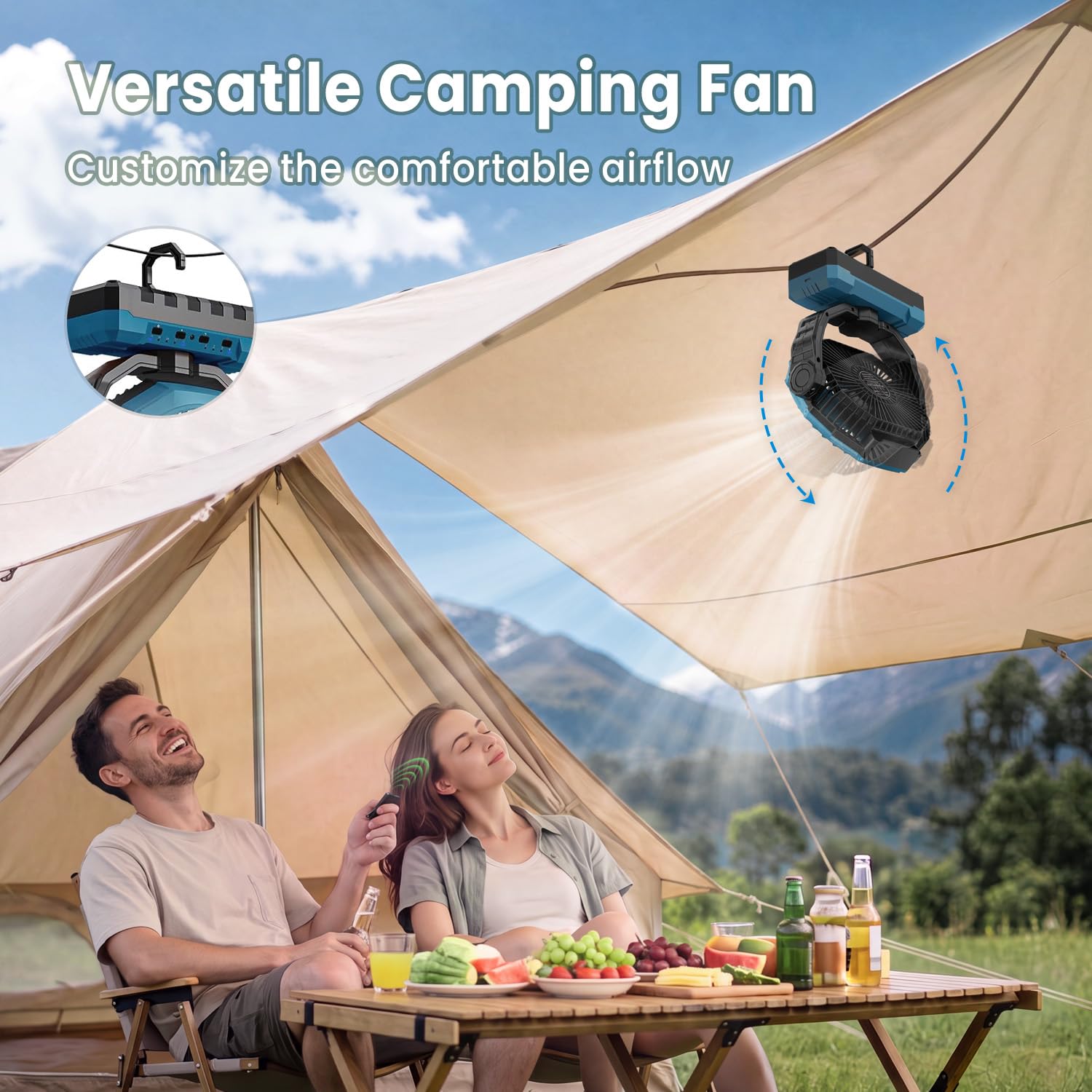 FRIZCOL Ventilatore da campeggio 3 in 1, portatile, ricaricabile, 24000 mAh, alimentato a batteria, con luce, per interni, esterni, tenda, viaggi, pesca, cantiere, regali per uomini, papà, lui, blu