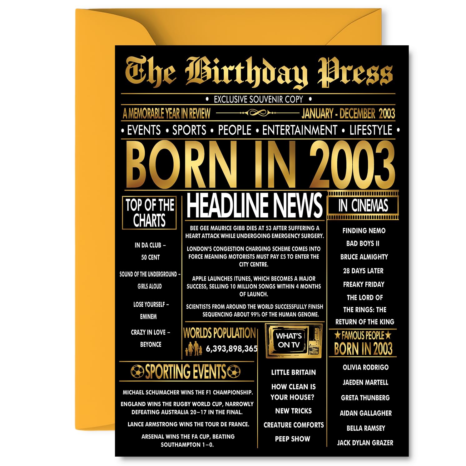 Gold 23rd Birthday Card for Men Women - Black & Golden Newspaper Born in 2003 - Happy 23 Birthday Cards for Friend Granddaughter Uncle Cousin Sister Niece, 5x7 Inch Bday Greeting Cards