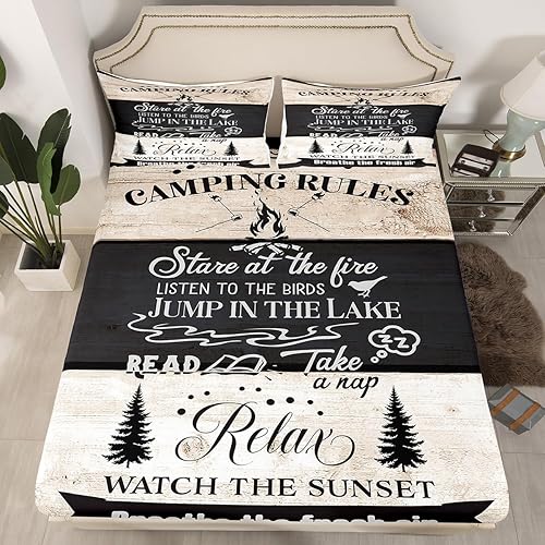 Miniatura 8 de Manfei Happy Camping Sheet Set Full Size, Camper RV Trailer Bedding Set 3pcs for Kids Boys Room Decor, Grey Wooden Board Bed Sheet Set 4pcs with