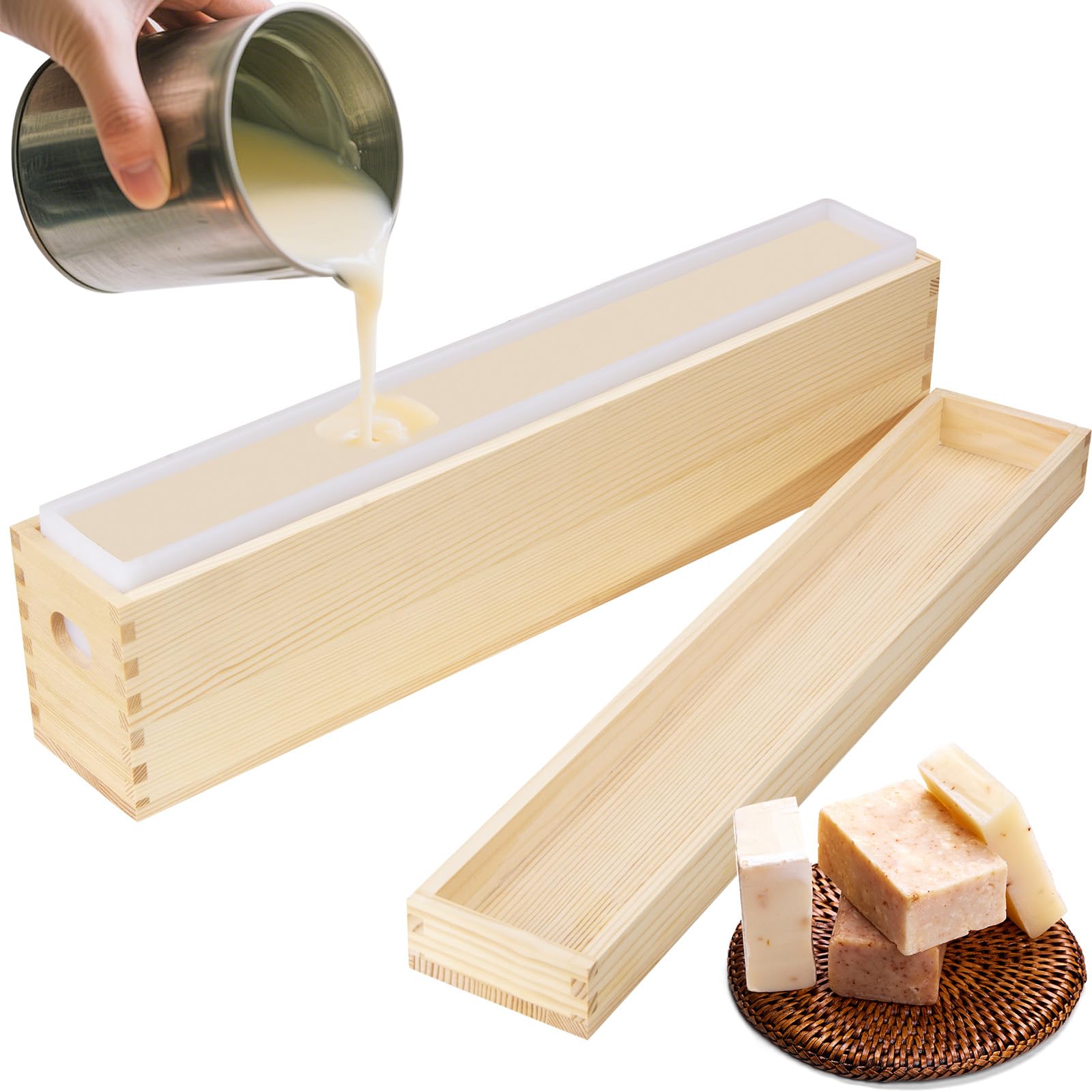 Moules à savon en silicone avec caisse en bois et couvercle, moules à savon rectangulaires pour la fabrication de savon (2,2 l, longs et étroits)