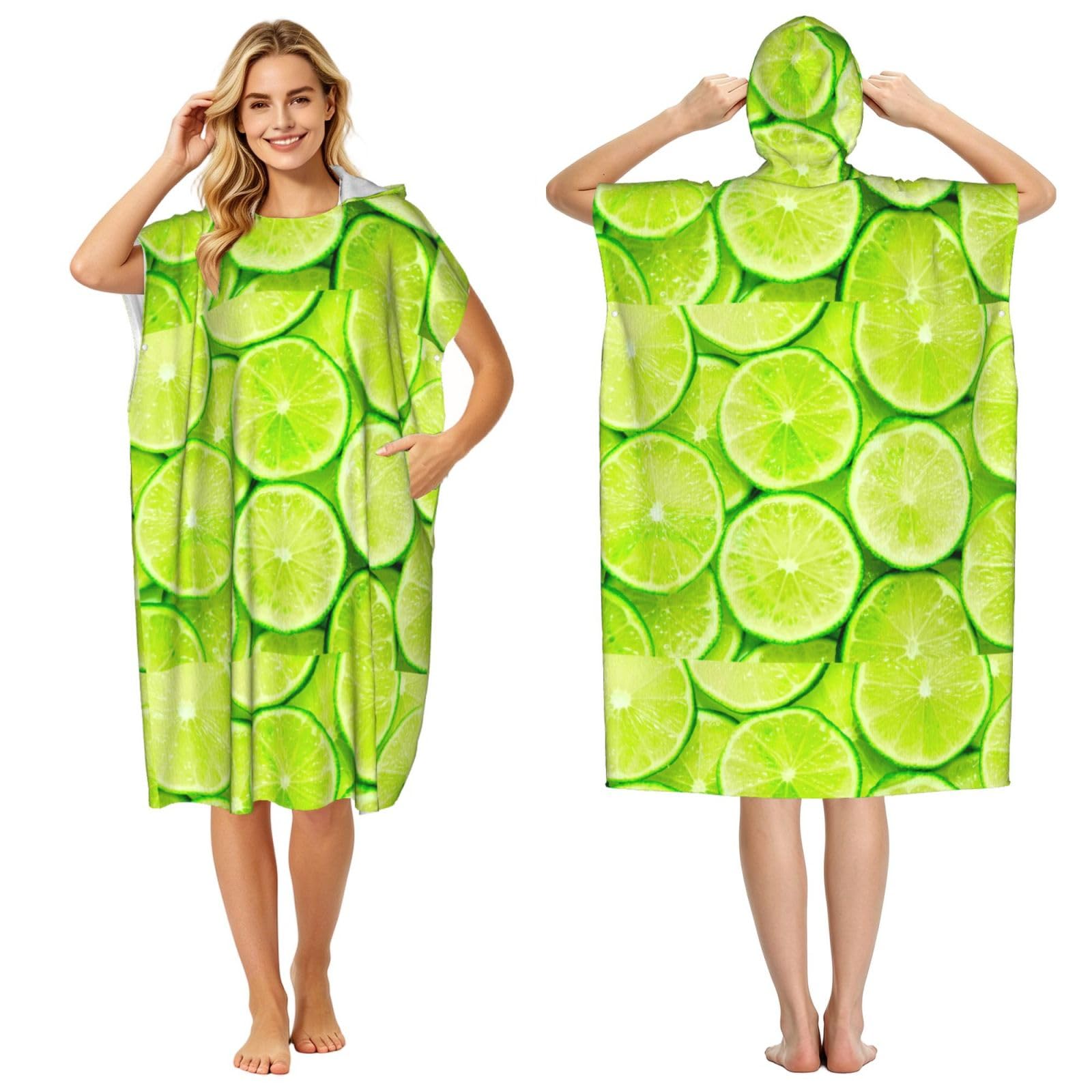 Poadnly Green Lemon, Adult Hooded Beach Towel 90 x 110 cm,Changing Bath Robe, Surf Poncho Towel For Women Men