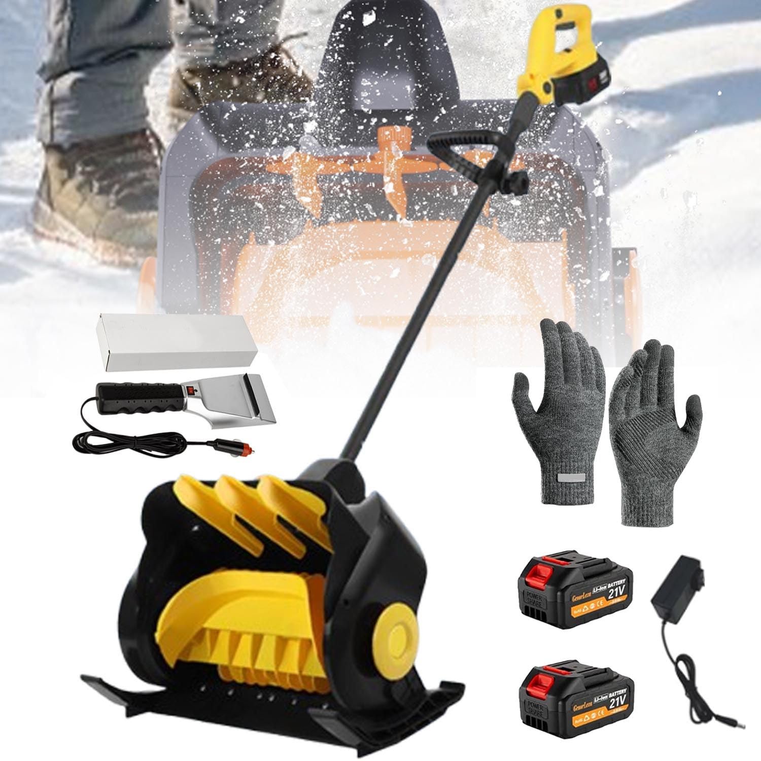 Pala Da Neve Elettrica Senza Fili, Spazzaneve A Batteria Da 23000 Giri/Min Con Guanti + Pala Da Neve Riscaldata, Con 2 Batterie E Caricabatterie Rapido, Larghezza 41 Cm, Profondità 15 Cm,Yellow