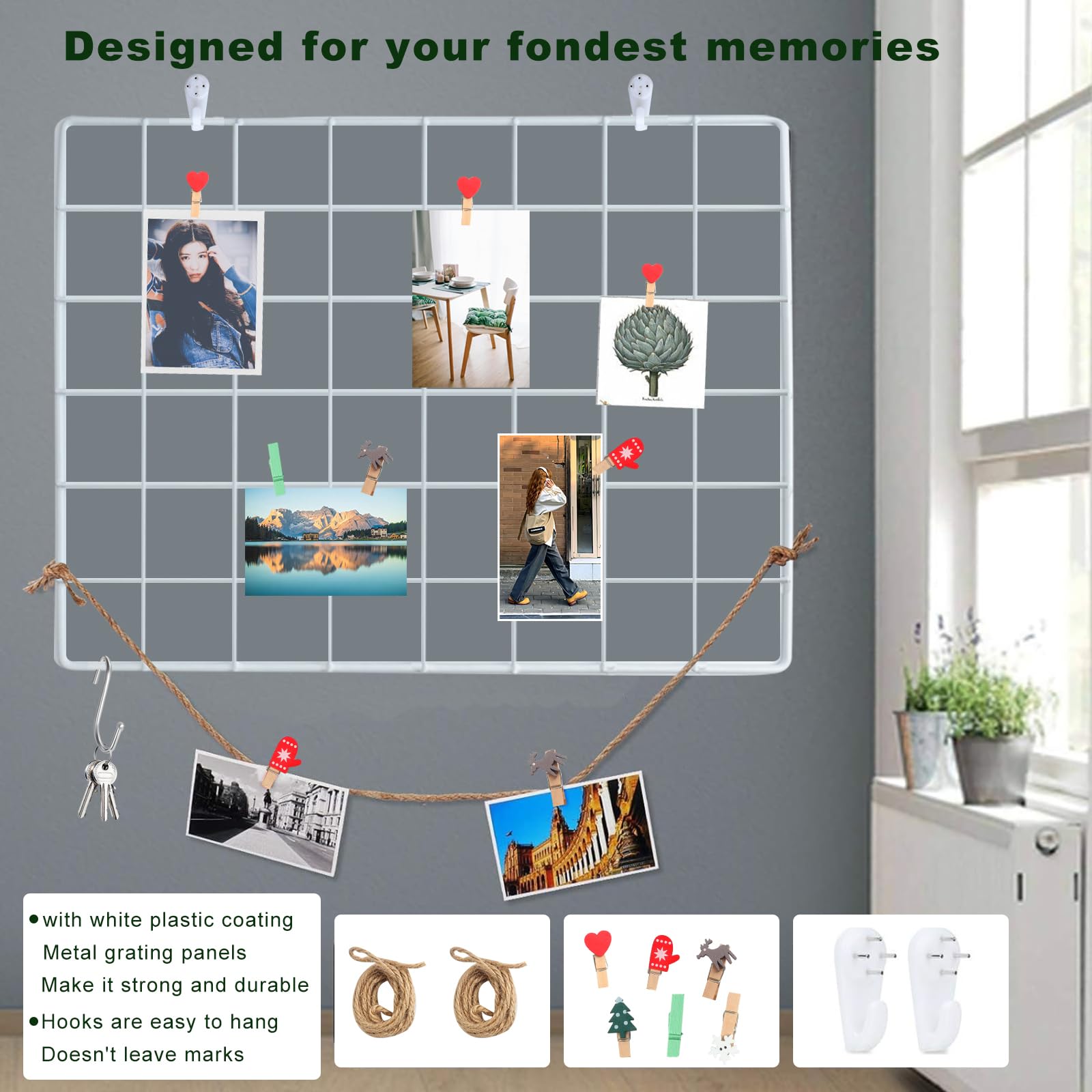 4-teiliges Wandgitter (mit Zubehör) Gitter-Pinnwand Fotogitter, Memotafel und Fotowand, dekoratives Metallgitter für Büro, Küche, Zimmer und mehr. (Weiß)