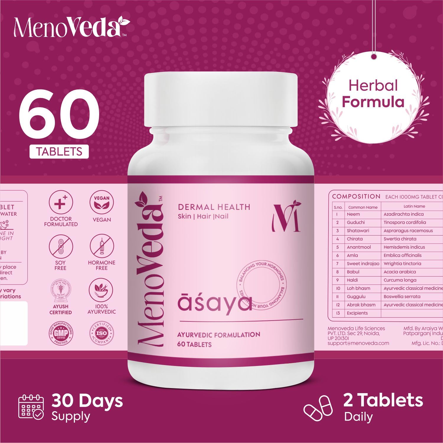 Menoveda Asaya Menopause Support Supplement for Women – 60 Tablets | Skin, Hair & Nail Health with Hormone Balance Support | Perimenopause & Menopause Vitamins for Dermal Health & Feminine Wellness 1