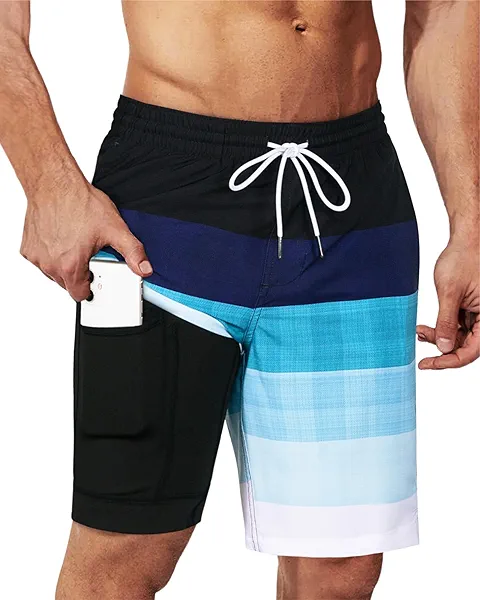 SURF CUZ 9" Mens Swim Trunks with Compression Liner Bathing Suits 2 in 1 Stretch Zipper Pockets Quick Dry