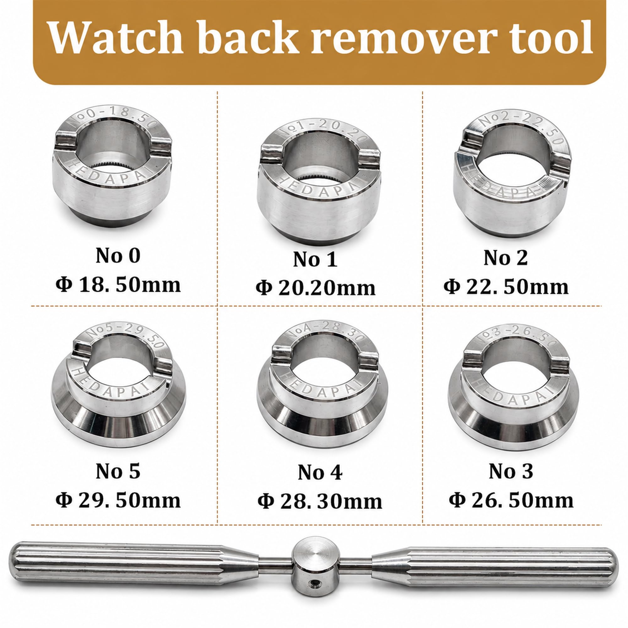 5537 Outil de retrait de boîtier de montre pour Rolex & Tudor, outils de réparation de montres et kits avec 6 matrices (18,5 – 29,5 mm)