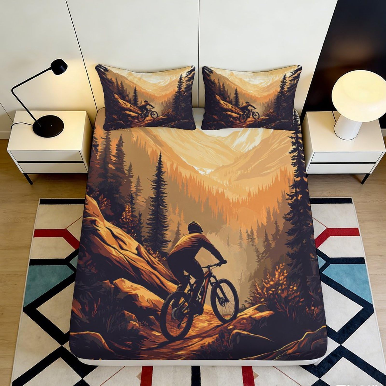Jqzkxnhpbr Style-5 3D Printed Mountain Forest Fitted Sheet Microfiber Soft Bike Rider Bed Sheet For Bedroom Guest Room Decor 90X200x25cm