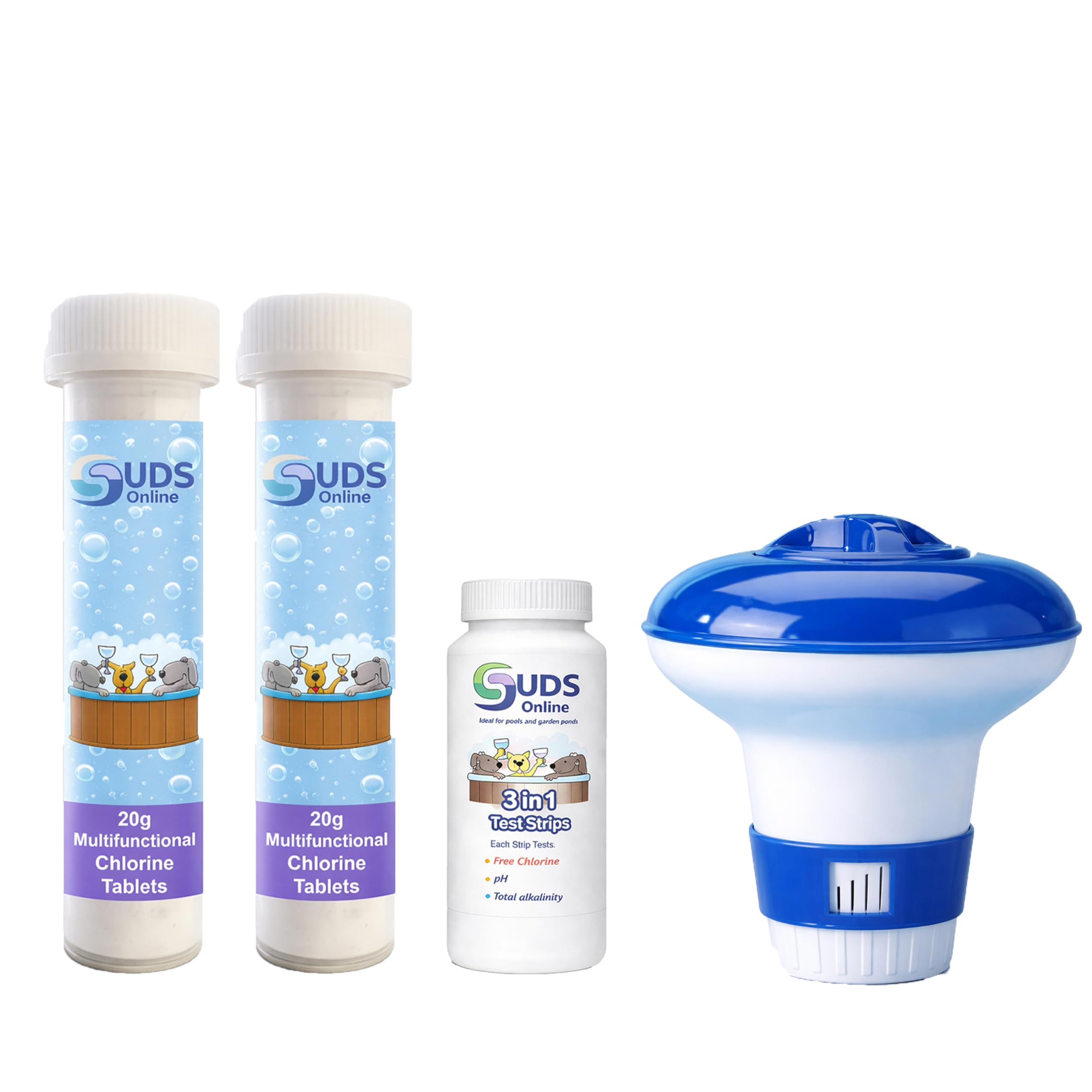 SUDS-ONLINE Small Dispenser with 20 Multifunctional Chlorine Tablets 20g + Test Strips
