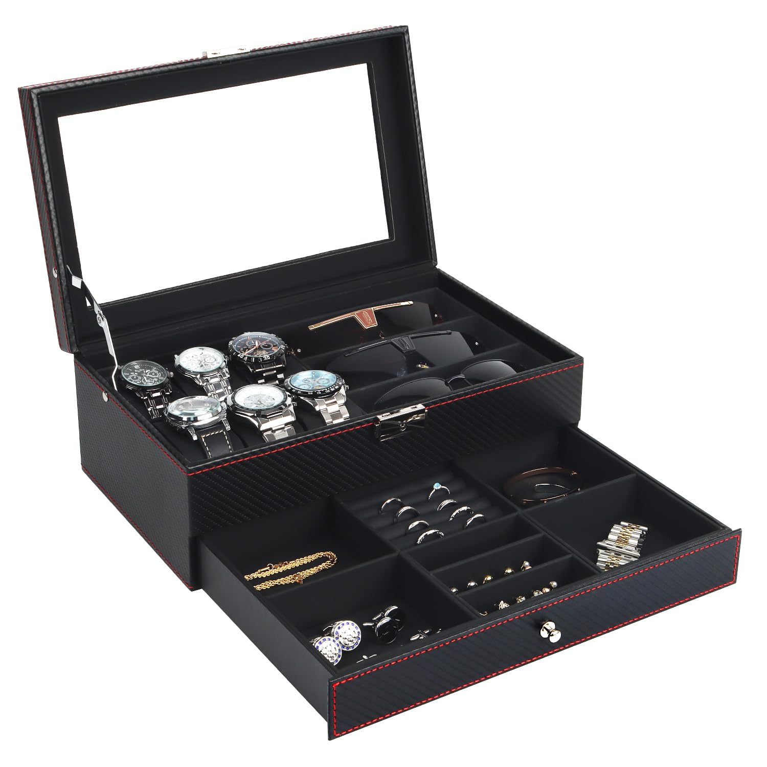 Kukikan Boîte à bijoux pour montres, 6 emplacements, 2 couches de rangement, grand couvercle en verre, boîte à bijoux pour homme avec serrure, support de montre