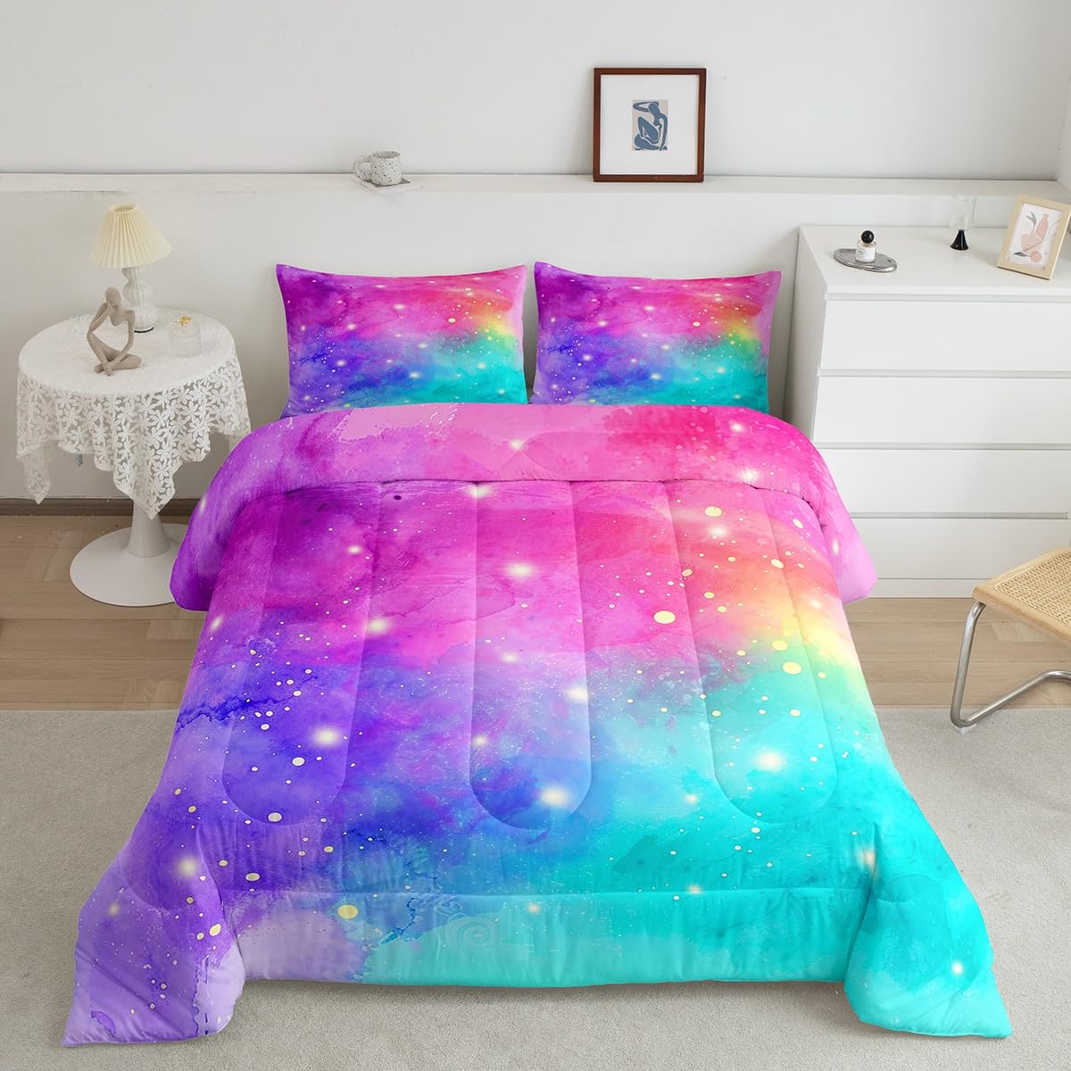 Rainbow Galaxy Bedding Twin Pink Purple Blue Teal Comforter Set, Psychedelic Stars Bedding Comforter Sets Colorful Tie Dye Duvet Insert, Grunge Ombre Gradient Down Comforter Girly Room Decor 2pcs