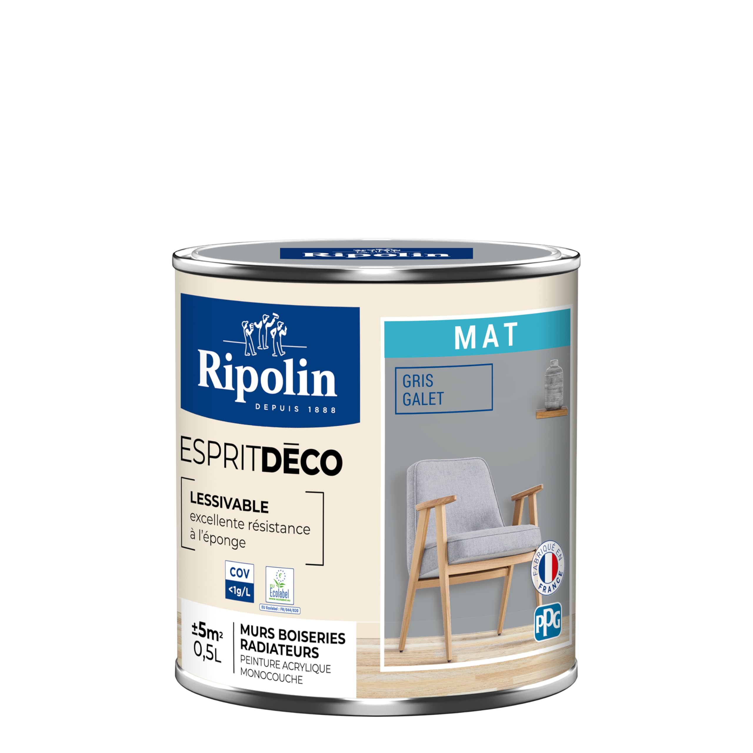 RIPOLIN - Peinture Intérieure Multi-​Supports – Murs, Boiseries & Radiateurs – Ultra Couvrante – Lessivable – Application Facile – Ecolabel - Aspect Mat - 0,​5L - Gris Galet