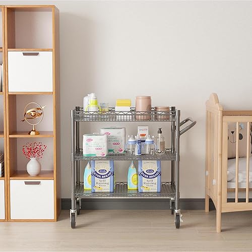 Miniatura 5 de Carrito rodante con ruedas, carrito utilitario de metal resistente de 3 niveles con capacidad de 990 libras, carrito de almacenamiento de alambre