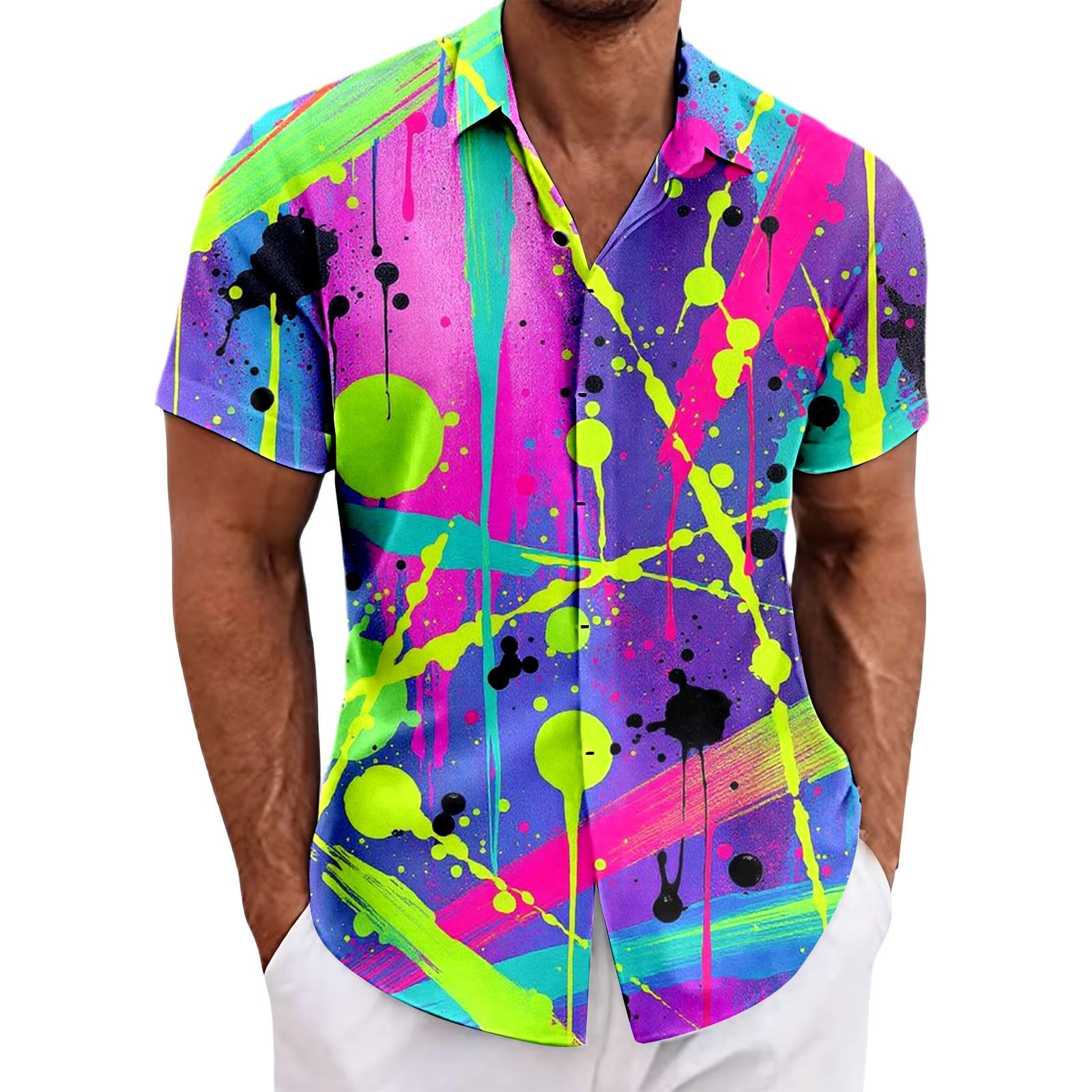 RUMAOZIA Men's Hawaiian Shirt 80s 90s Style Short Sleeve Carnival Fancy Dress Outfit 80s Shirts 90s Button Up Shirt Retro Hawaiian Beach Shirt Neon Disco Funny Party Shirts Colourful Vintage Shirts — image 1