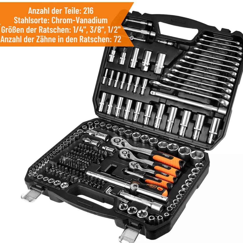 NEO TOOLS Zestaw Kluczy 216 Elementów 1/2", 3/8", 1/4" w Wytrzymałej Walizce | Klucze Nasadowe, Wkrętaki, Imbus, Grzechotki | Kompletny Zestaw do Warsztatu, Garażu, dla Majsterkowicza