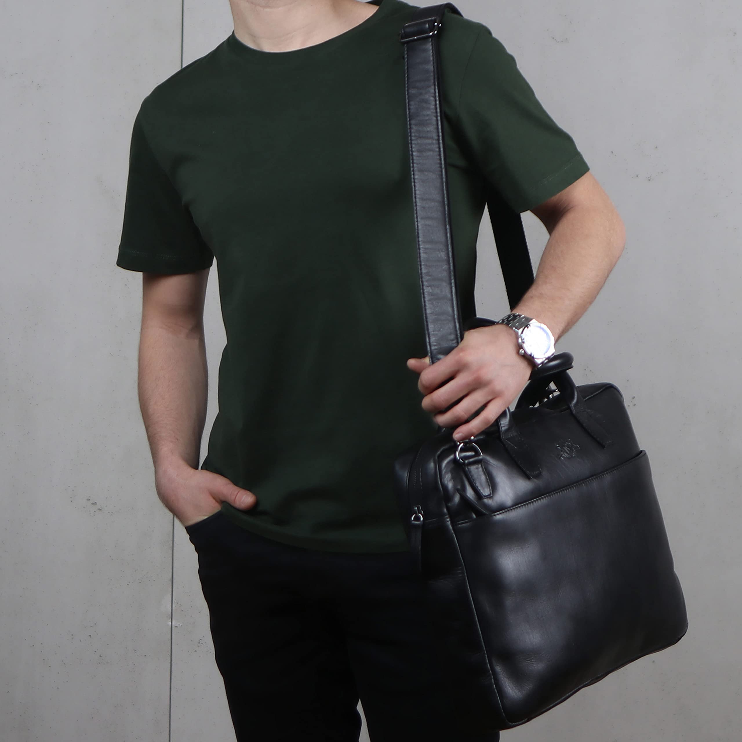 SID & VAIN große Laptoptasche schmal echt Leder - 17 Zoll Laptop Business-Tasche BOSTON groß - Umhängetasche Aktentasche mit Laptop-Fach - Ledertasche Herren und Damen handgefertigt