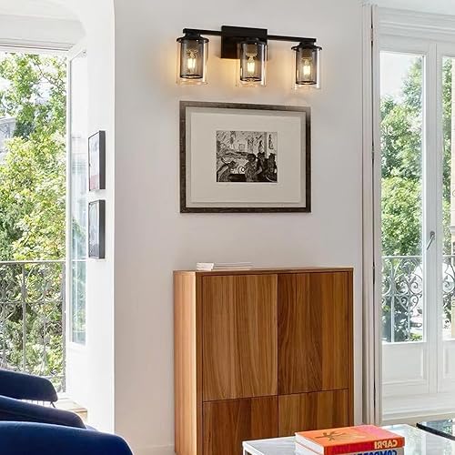 Miniatura 9 de Buevea Lámpara de tocador de níquel cepillado, 3 lámparas de baño con pantalla de vidrio transparente y malla de metal, moderna luz de tocador de