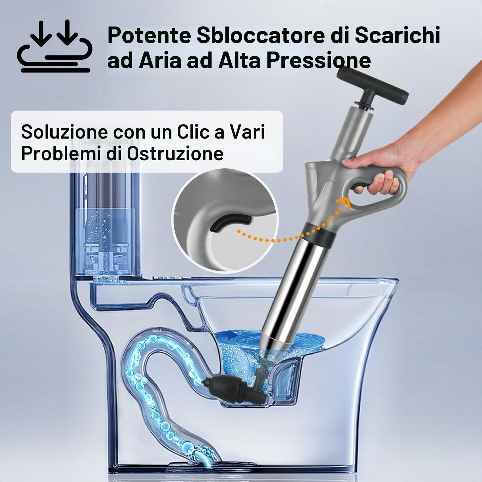 Pompa Stura Scarichi a Pressione, Sturatubi Aria Compressa con Barometro, Sturalavandini a Pressione con Quattro Diverse Ventose per Bagni Servizi Igienici Lavabi