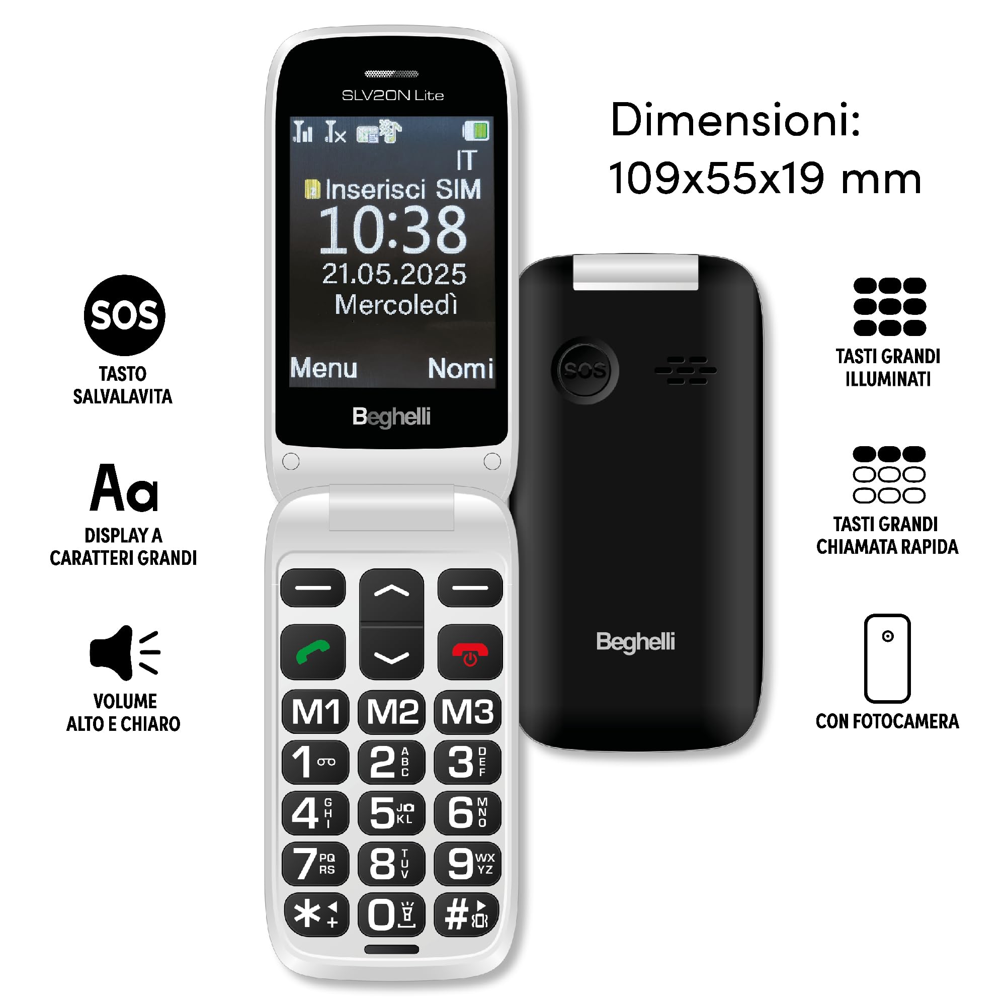 Beghelli Telefono Salvavita per Anziani, Salvalavita Phone SLV20N Lite Ecodesign - Tasti Grandi e Pulsante di Emergenza SOS, Sistema di Allarme per Anziani e Disabili (Colore Grigio)