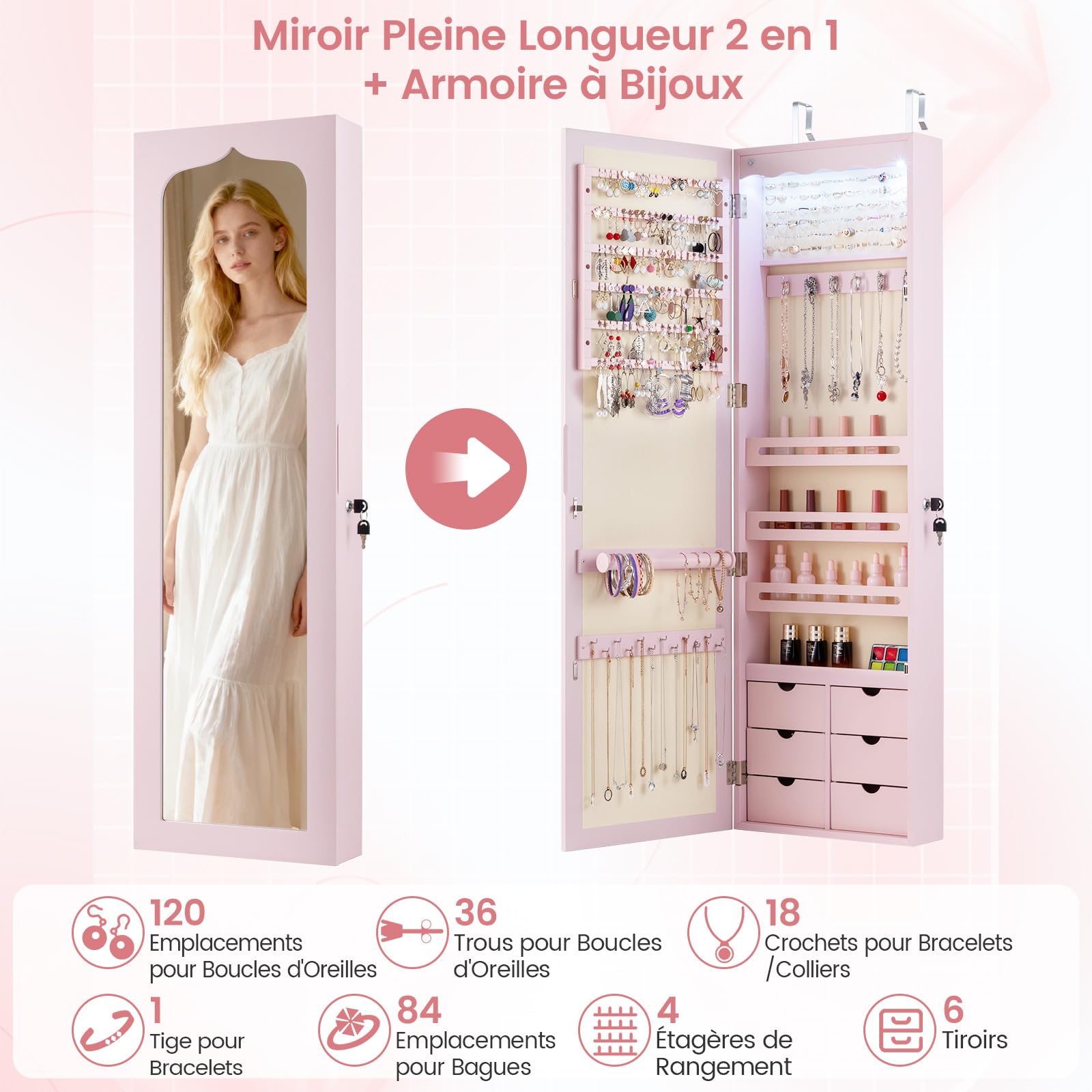 RELAX4LIFE Armoire à Bijoux Murale avec Miroir, 5 Lumières Automatiques, Miroir Rangement Bijoux avec 6 Tiroirs pour Boucles d'Oreilles Colliers Cosmétiques (Rose | Tiroir en MDF)