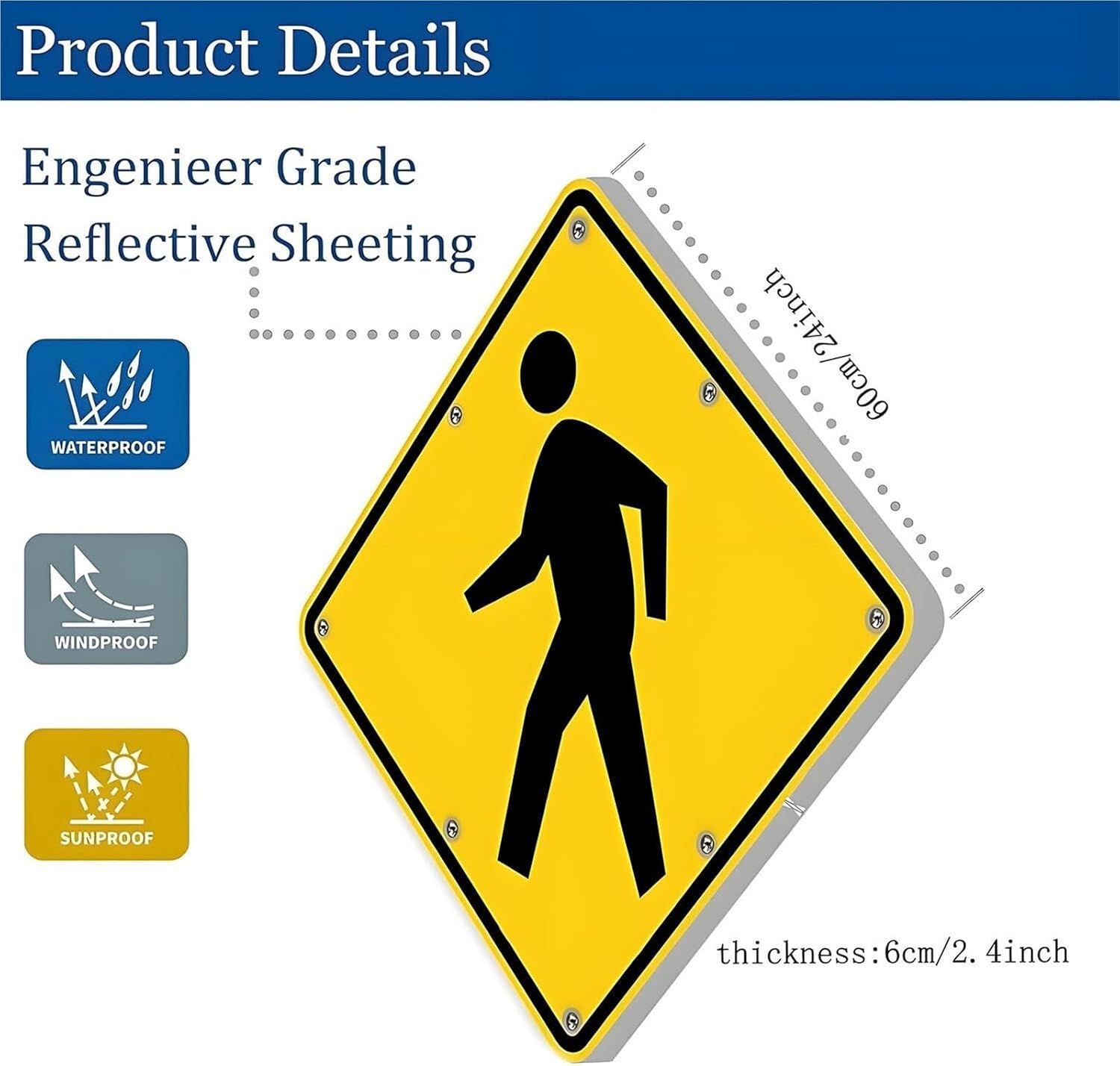 Solar-Powered LED Pedestrian Crossing Sign, Heavy-Duty Metal Frame, Reflective Traffic Warning Sign for Streets, 60cm Durable & Rust-Proof Safety Signal