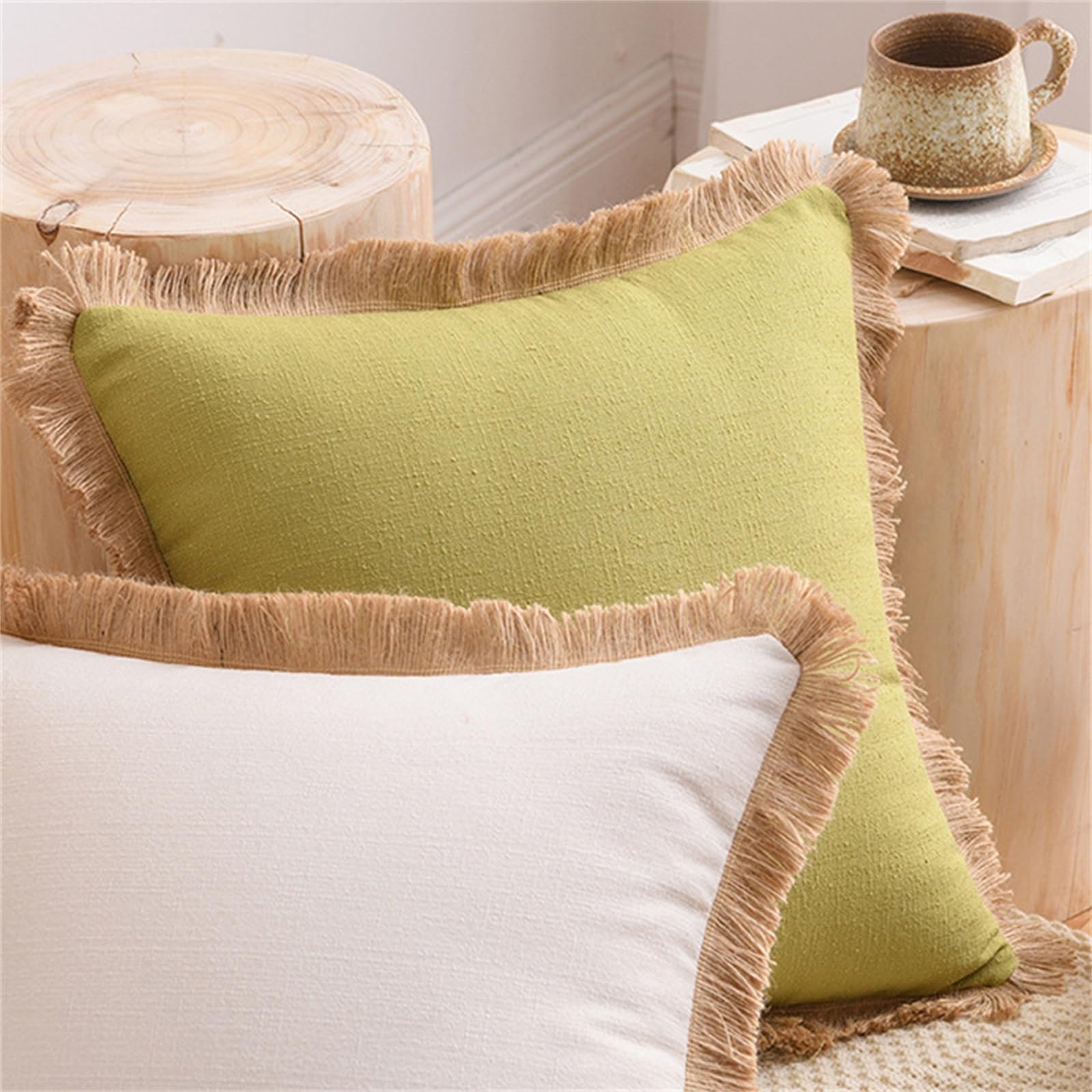 YUEZHONG Confezione Da 2 Federe Decorative In Lino Con Frange, Federe Boho Con Morbida Nappa, For Divano, Letto, Arredamento For La Casa(Cream)
