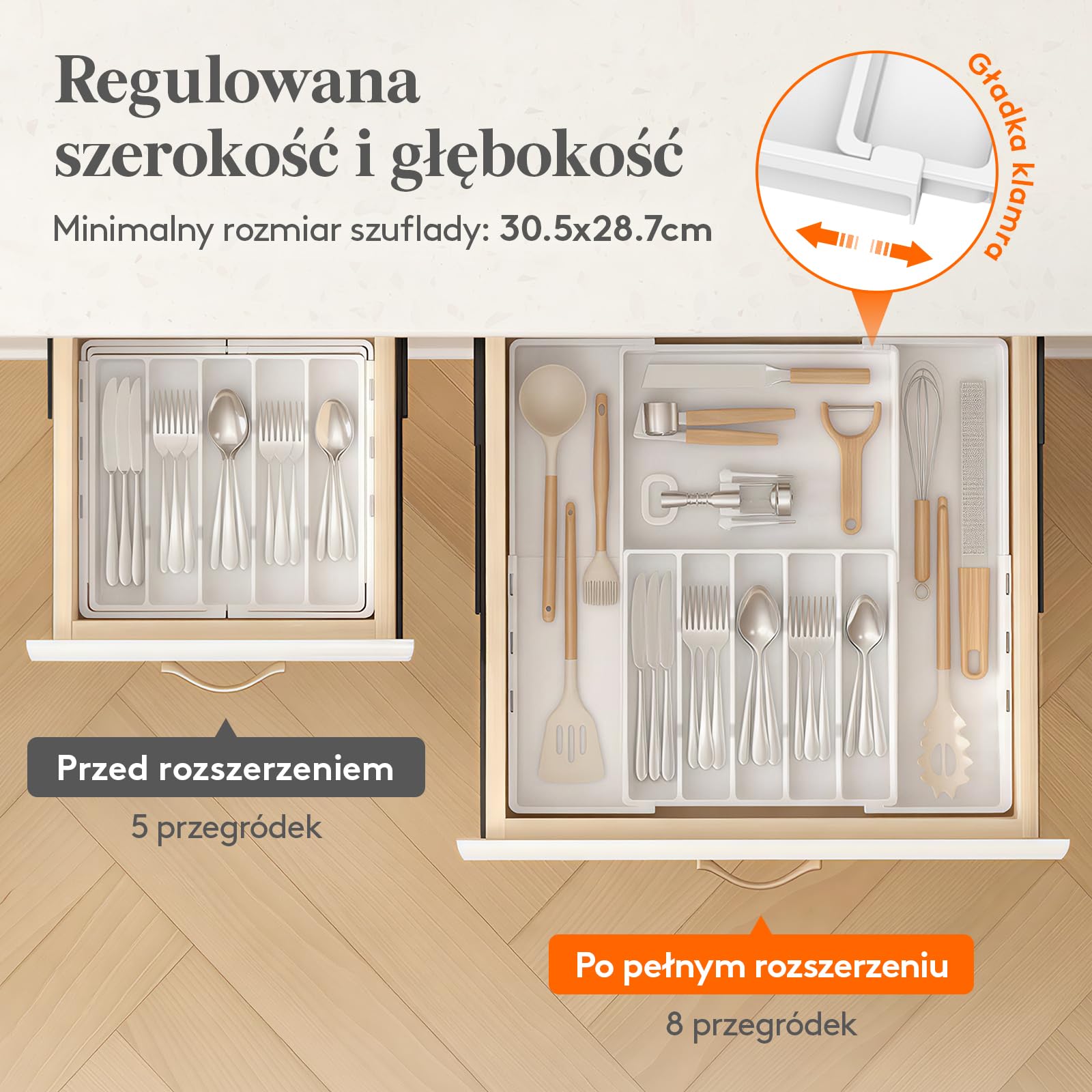 Lifewit Pojemnik na sztućce do szuflad, 5-8 przegródek, dwukierunkowy, regulowany, organizer z tworzywa sztucznego, organizer kuchenny, szerokość od 30,5 do 52 cm, wkład na sztućce na łyżki i widelce