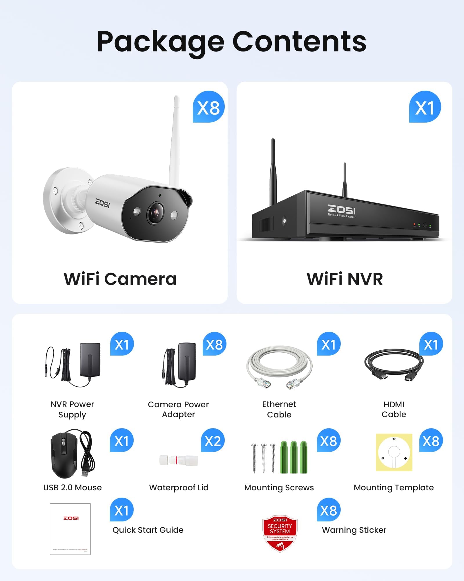 ZOSI 3MP WLAN Überwachungskamera Set Aussen, 2TB NVR, 8X 3MP Wi-Fi 6 Kamera