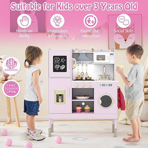 Miniatura 7 de HONEY JOY Juego de cocina para niños, cocina de madera para niños pequeños, microondas, utensilios de cocina, lavadora, campana extractora, juego de