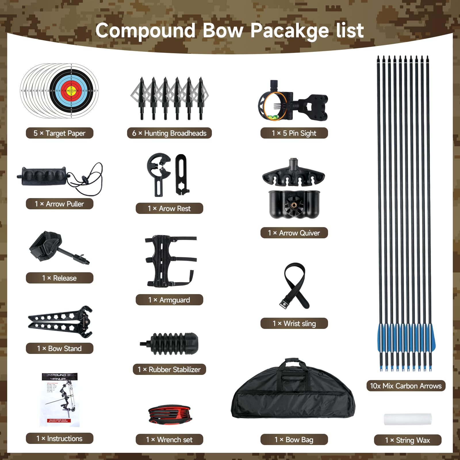 Wuxlisty Compound Bows Draw Weight 30-70lbs Ready to Shoot, Bow and Arrow Set for Adults, Archery Hunting Bow Set Come with All The Accessories (Camo)